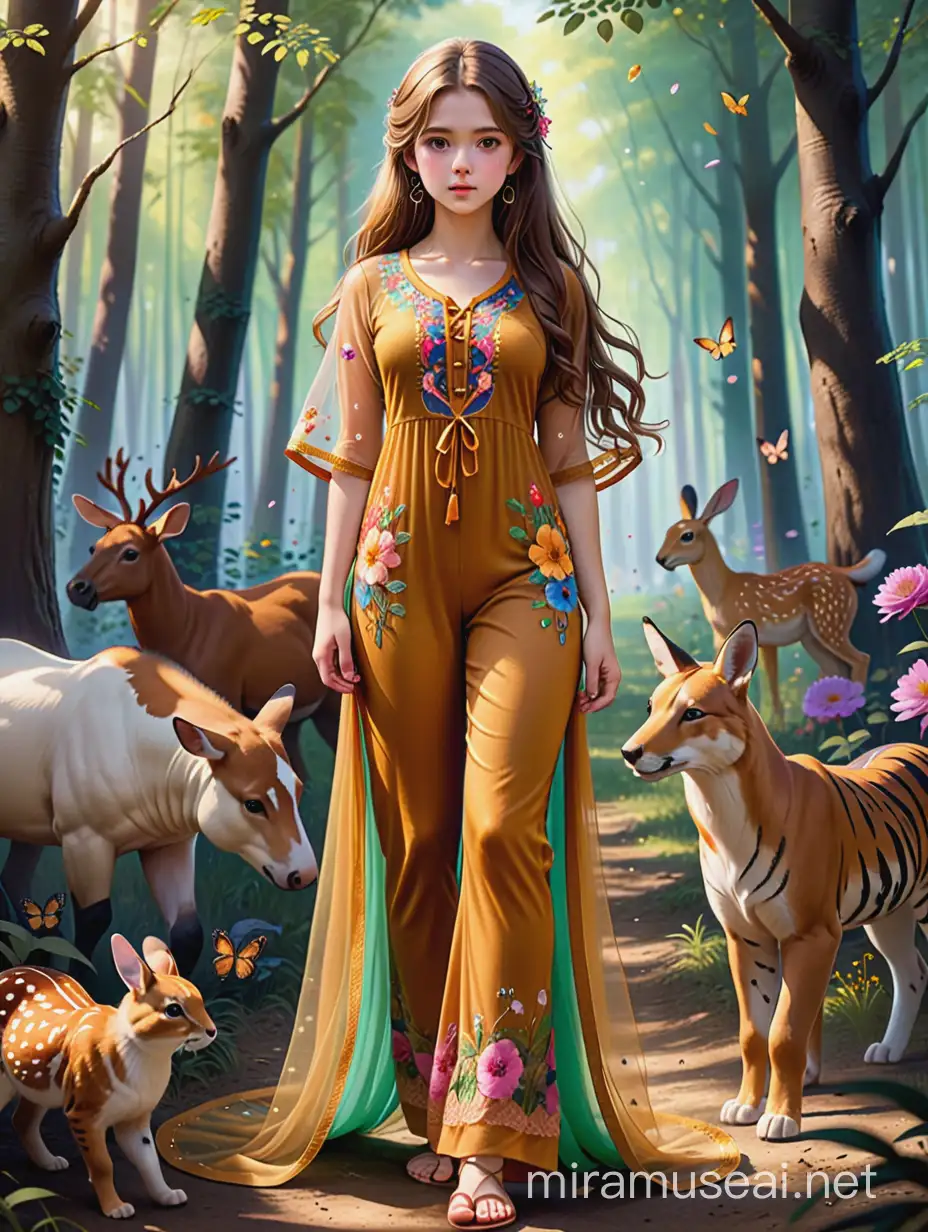 a mystical girl standing in the forest with lots of animals. She is wearing a long top with cuts on the side that is golden and has lots of colorful flowers embroidered on it. She has a fancy colorful net dress and under it loose golden pants. She is wearing fancy slightly elevated golden and brown sandals that have flowers on it. She has long and beautiful brown hair in a half tie with flowers on the sides.