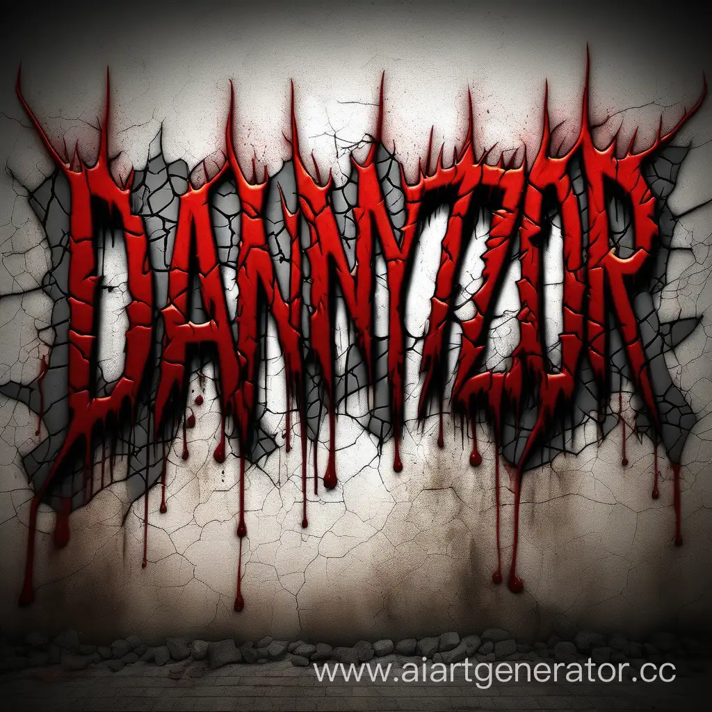 Word "dannyzor", cracked wall, blood, fire, smoke, thorns