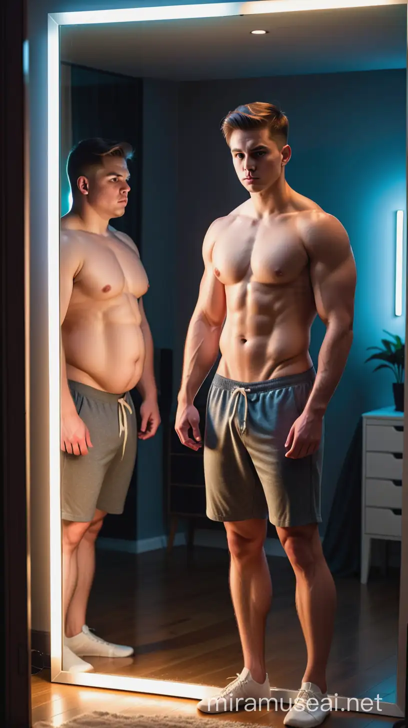 handsome young man standing before a mirror, reflecting his dissatisfaction with his appearance, specifically focusing on his chubby weight body. The scene is set in a dimly lit room with dynamic lighting and colors
