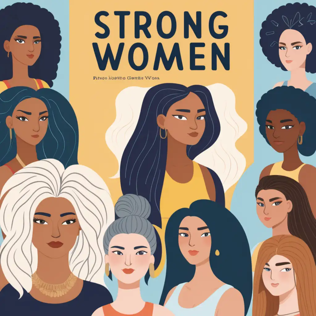 book cover with strong women of all shapes, sizes, hairstyles, colors with the words "Strong Women"
