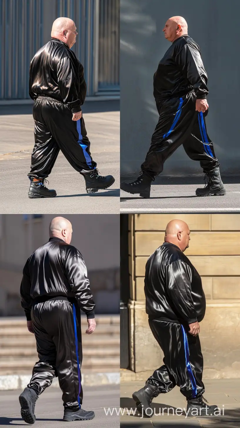Lateral view fashion photo of a chubby man aged 70 wearing a silky black tracksuit. There is a royal blue vertical stripe only on the side of the pants. Black Hiking Boots. He is walking. Direct Sunlight on his behind. Bald. Clean Shaven. Outside. --style raw --ar 9:16 --v 6