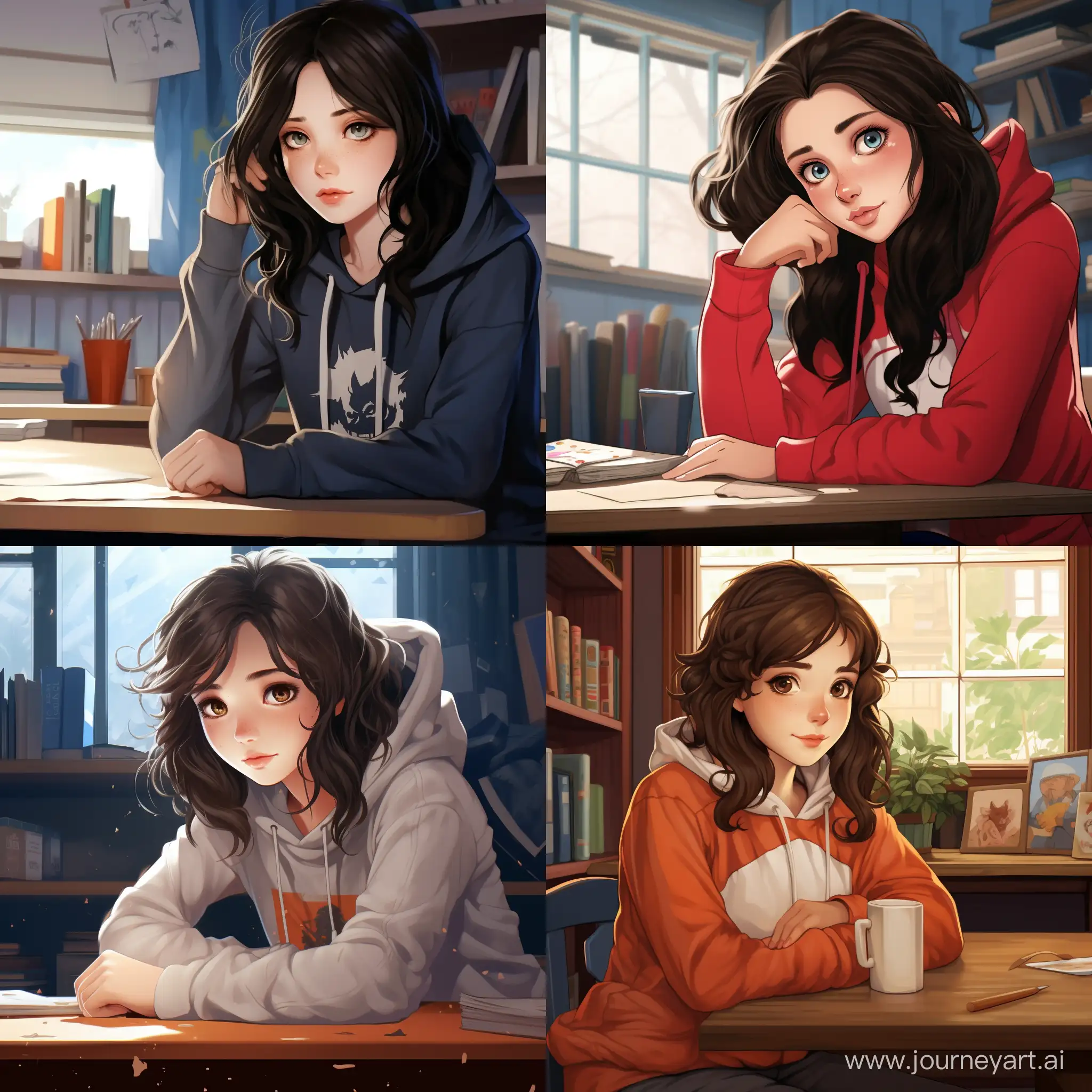 Beautiful girl, dark hair, blue eyes, snow-white skin, teenager, 15 years old, sitting at a classroom table in a sweatshirt, high quality, high detail, cartoon art