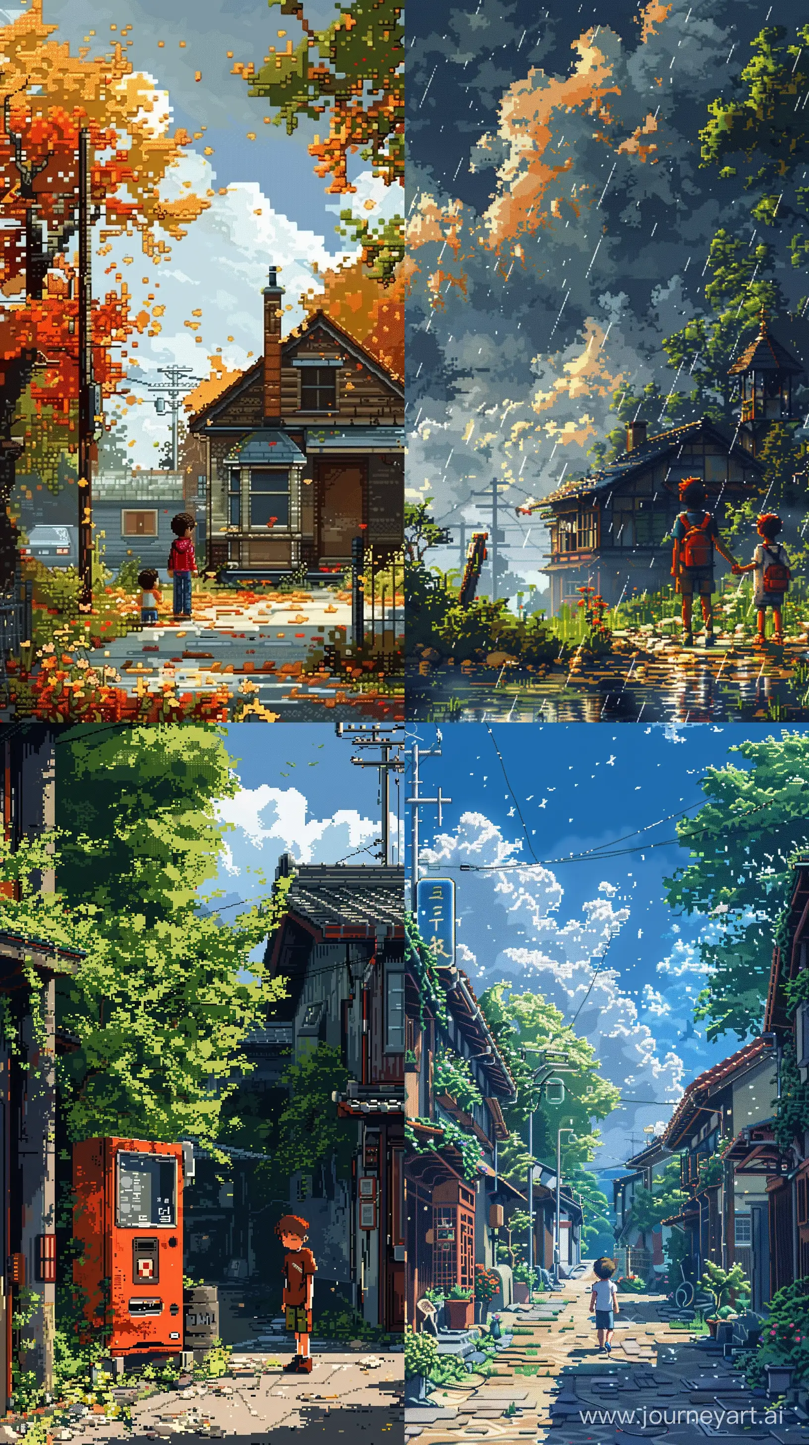 childhood Illustration in 8-bit Pixel Art Style, Day Time, Retro Color Details, Extremely Details --s 500 --ar 9:16