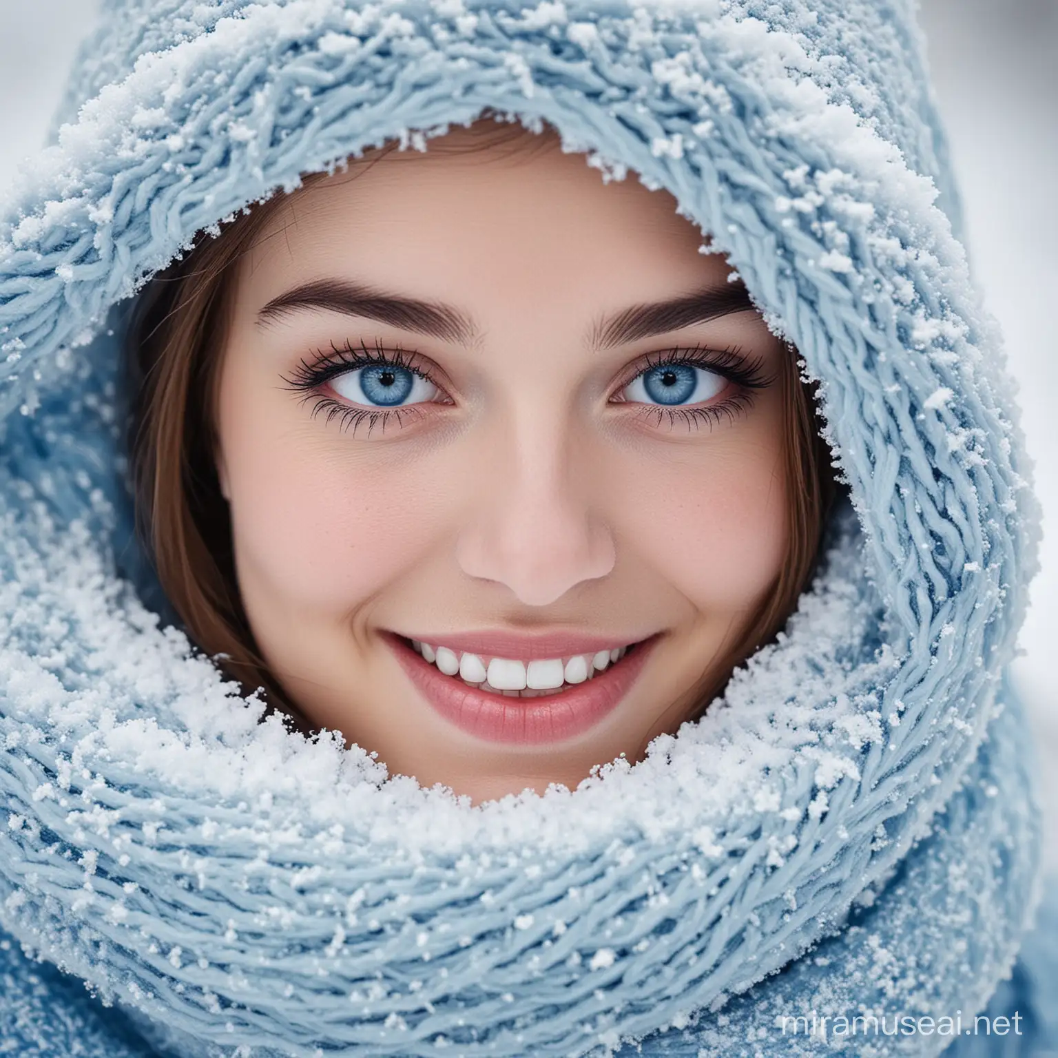 Joyful Snow Woman with Brilliant Blue Eyes