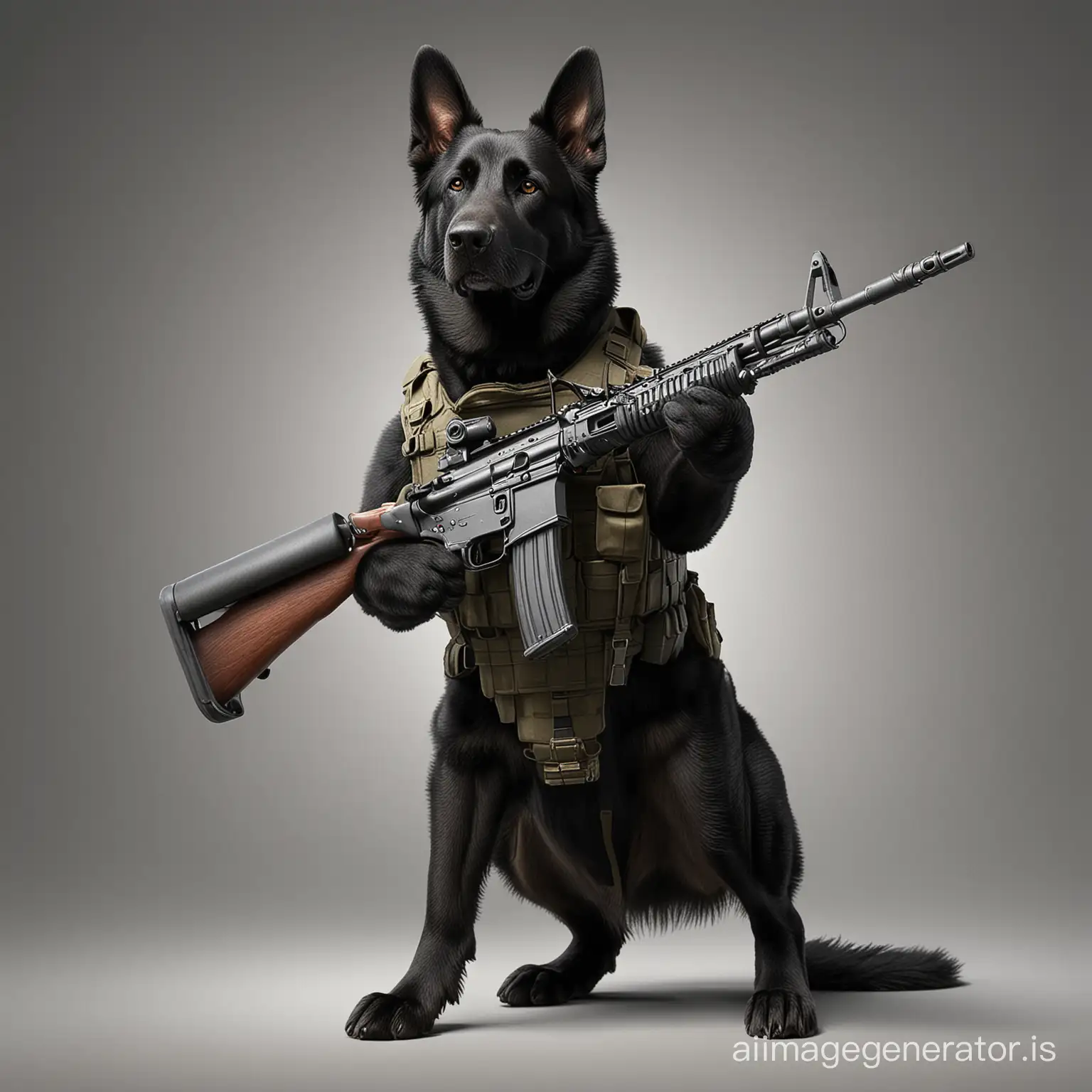 black German Shepherd dog, standing upright, holding an m4 rifle (bestquality:1.2), (highlydetailed:1.2)
