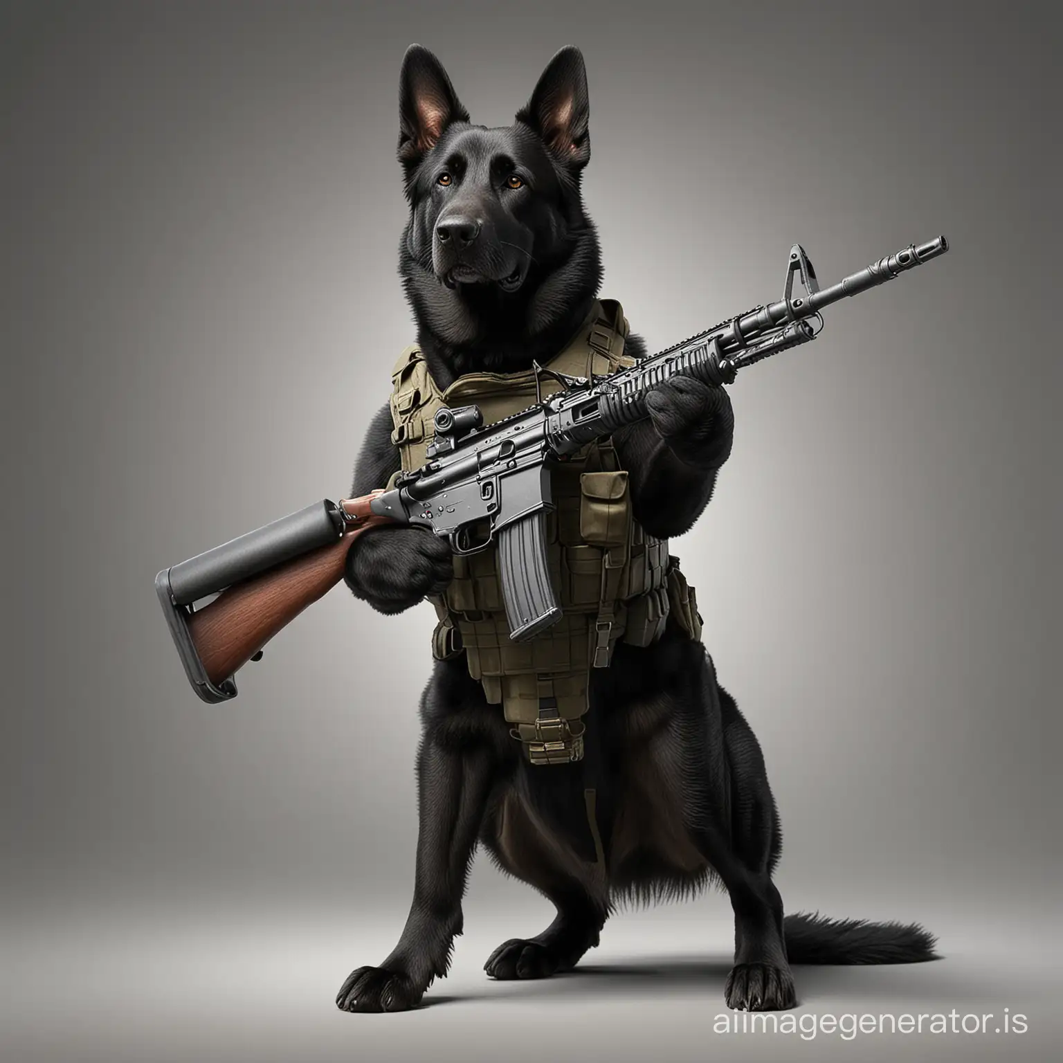 Alert-Black-German-Shepherd-Standing-with-M4-Rifle