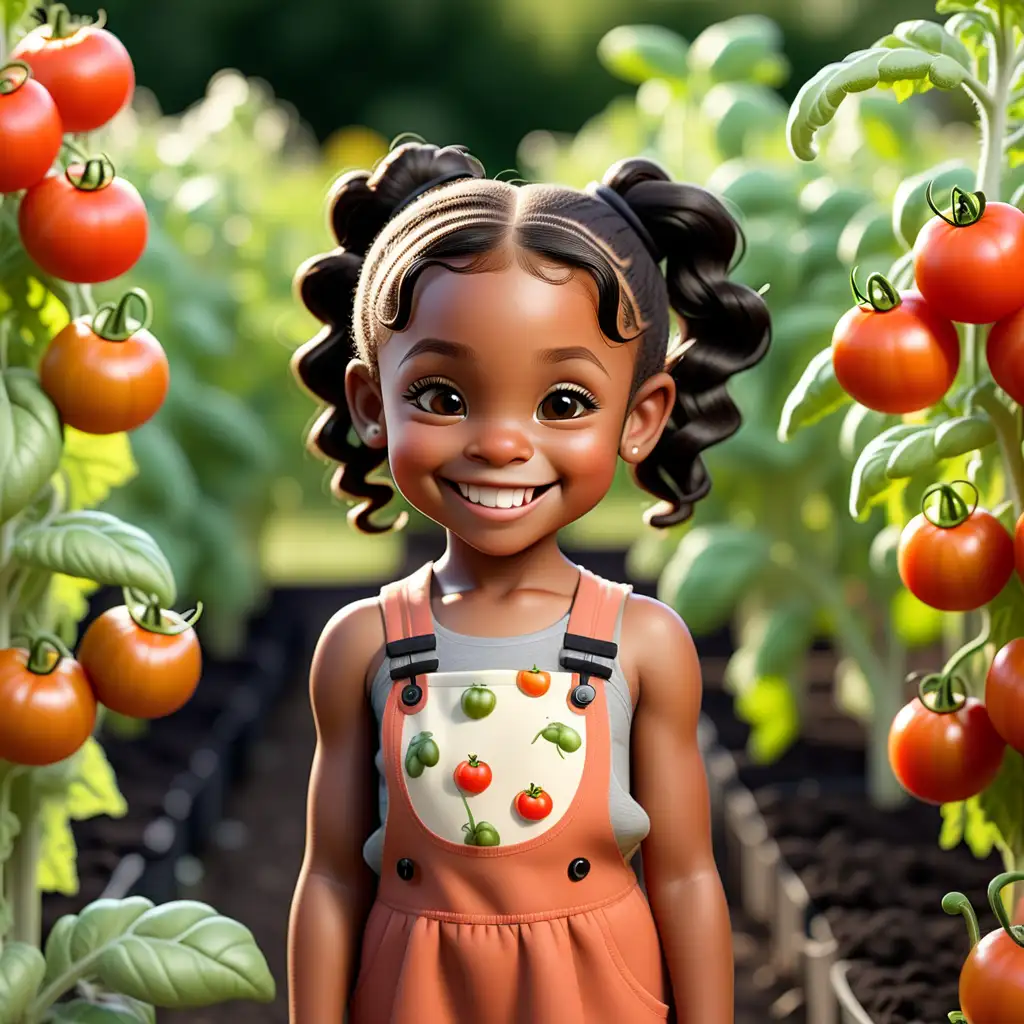 4 year old African American child with caramel skin and black hair in pigtails. Smiling Standing in a tomato garden 