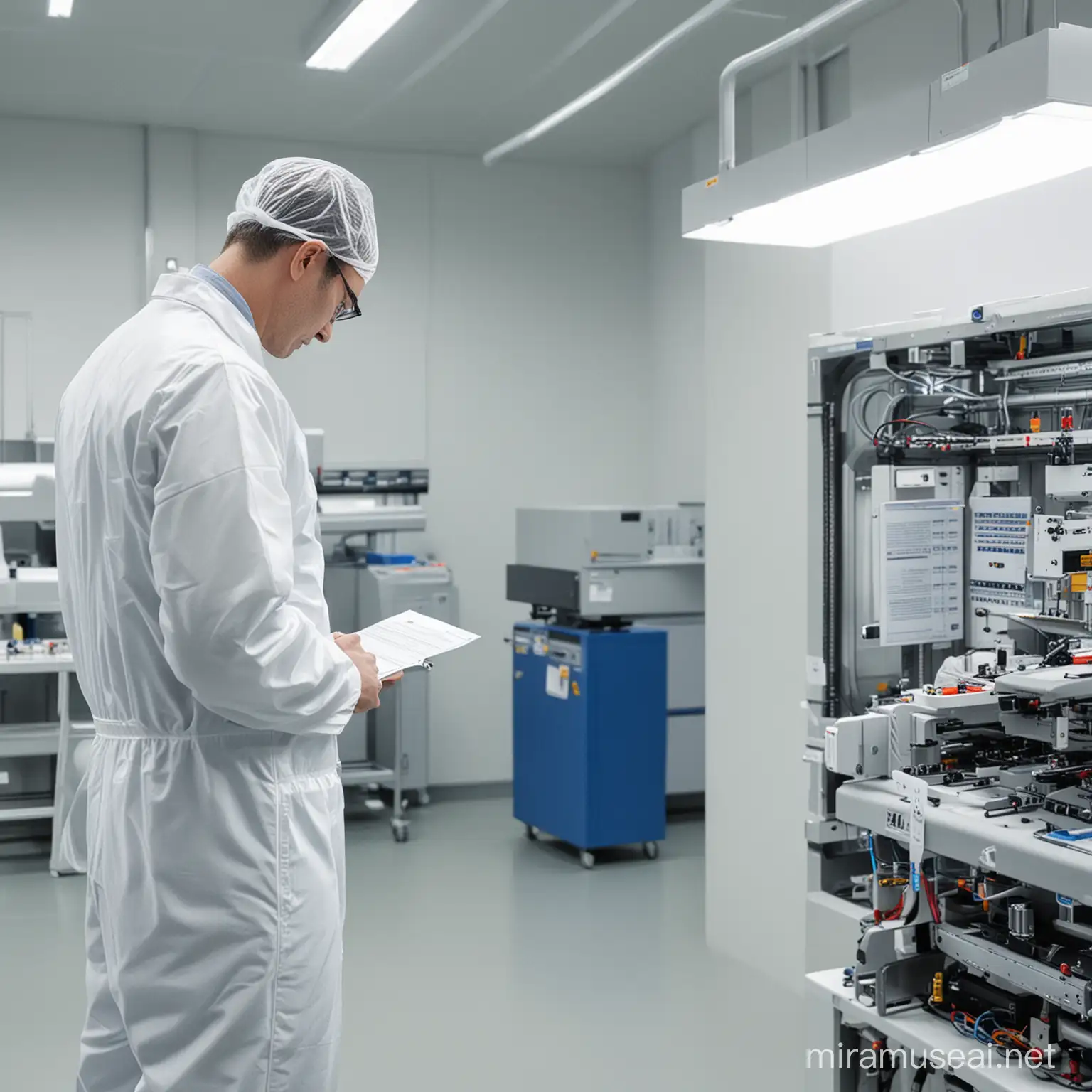 male person, checking a document, in a cleanroom, in front of a injection moulding machine