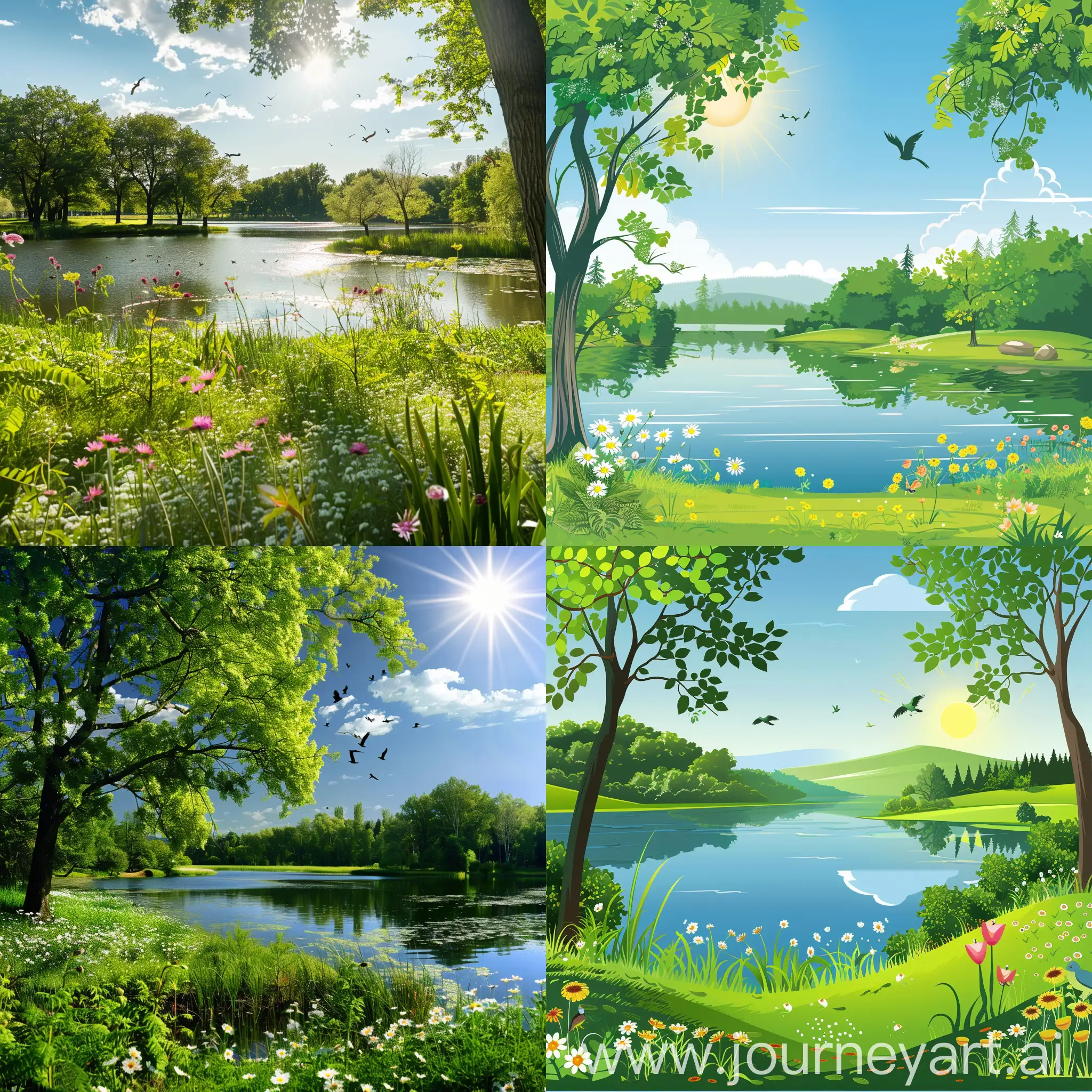 Green landscape, a lake, trees, sunny day, flowers, birds