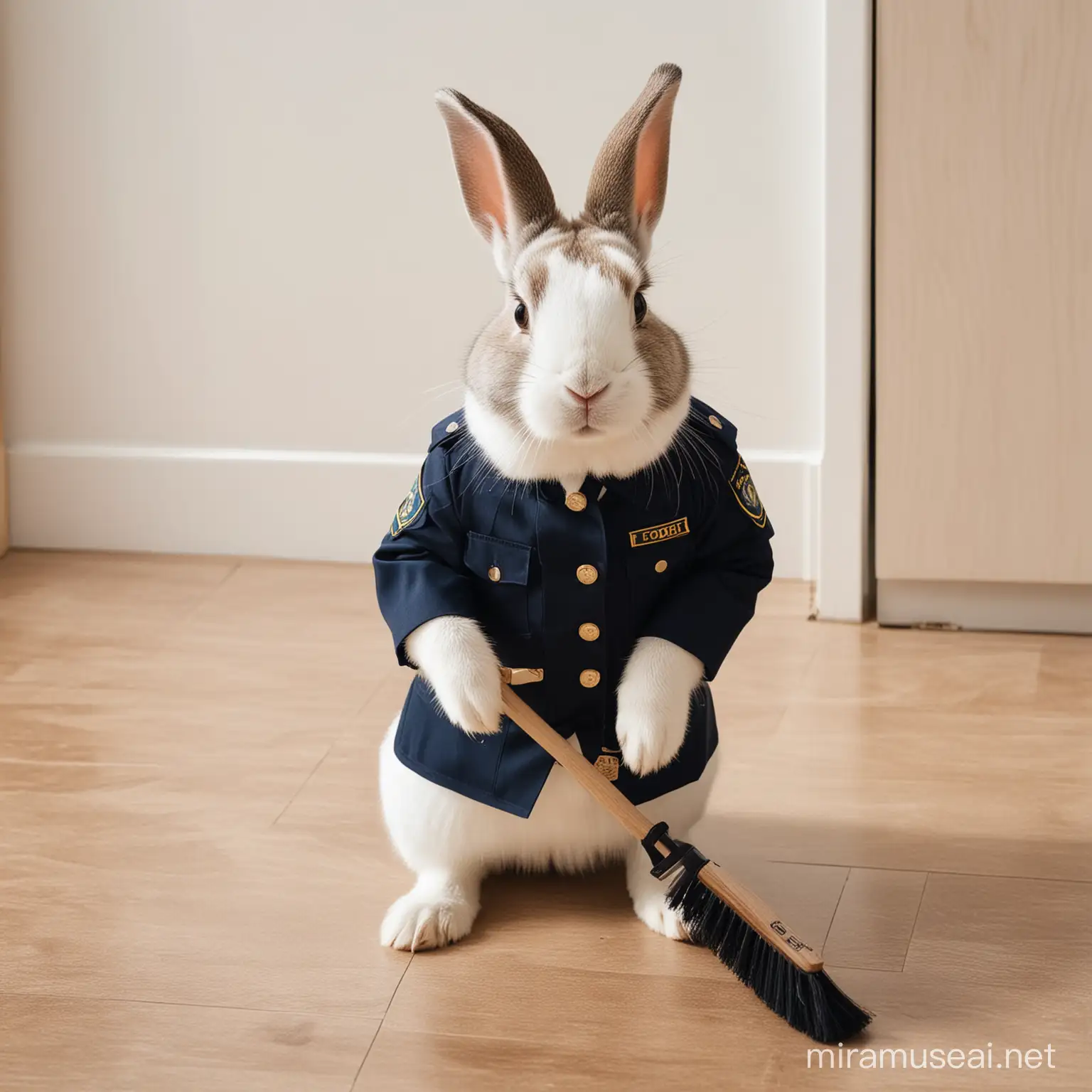 Rabbit in security uniform brushing up the floor