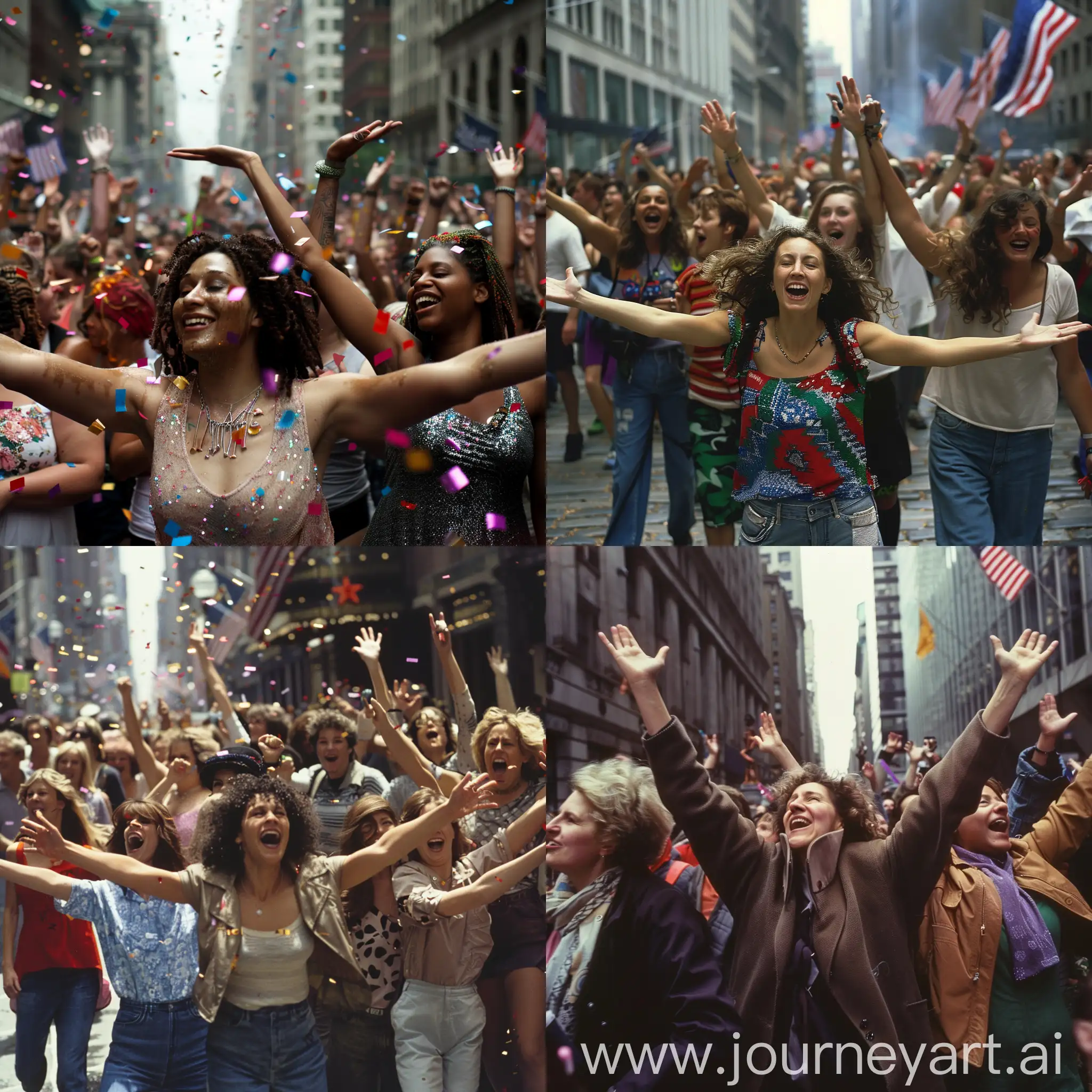 美国街头很多人一起狂欢，照片聚焦在几个展开双臂的女人身上