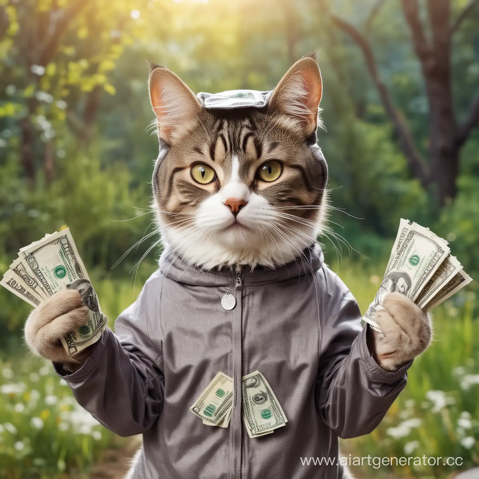 Смешной кот с деньгами в руках, усами, в котокомбах на фоне природы 

