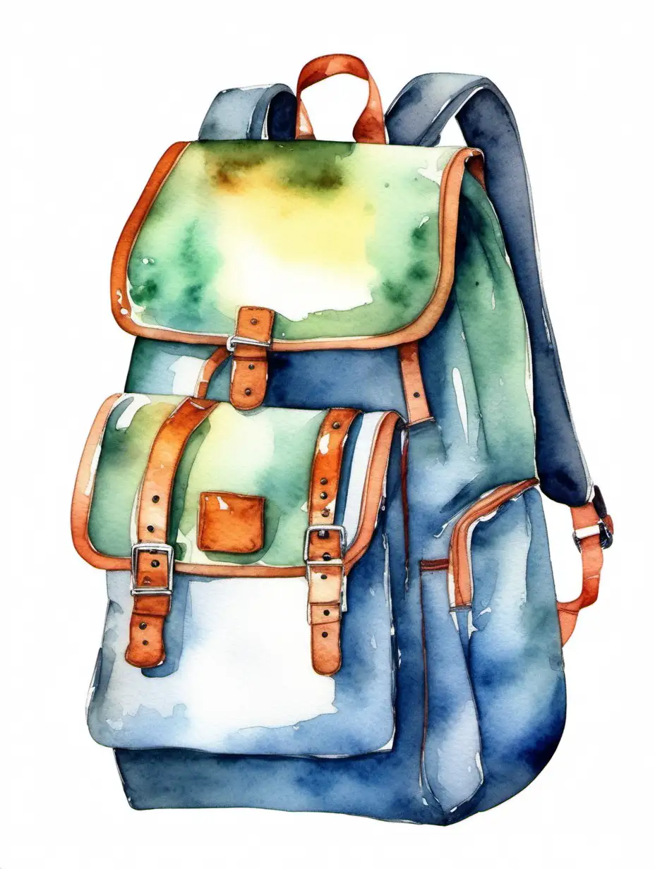 Watercolor picture of a school backpack, clip art, isolated white background
