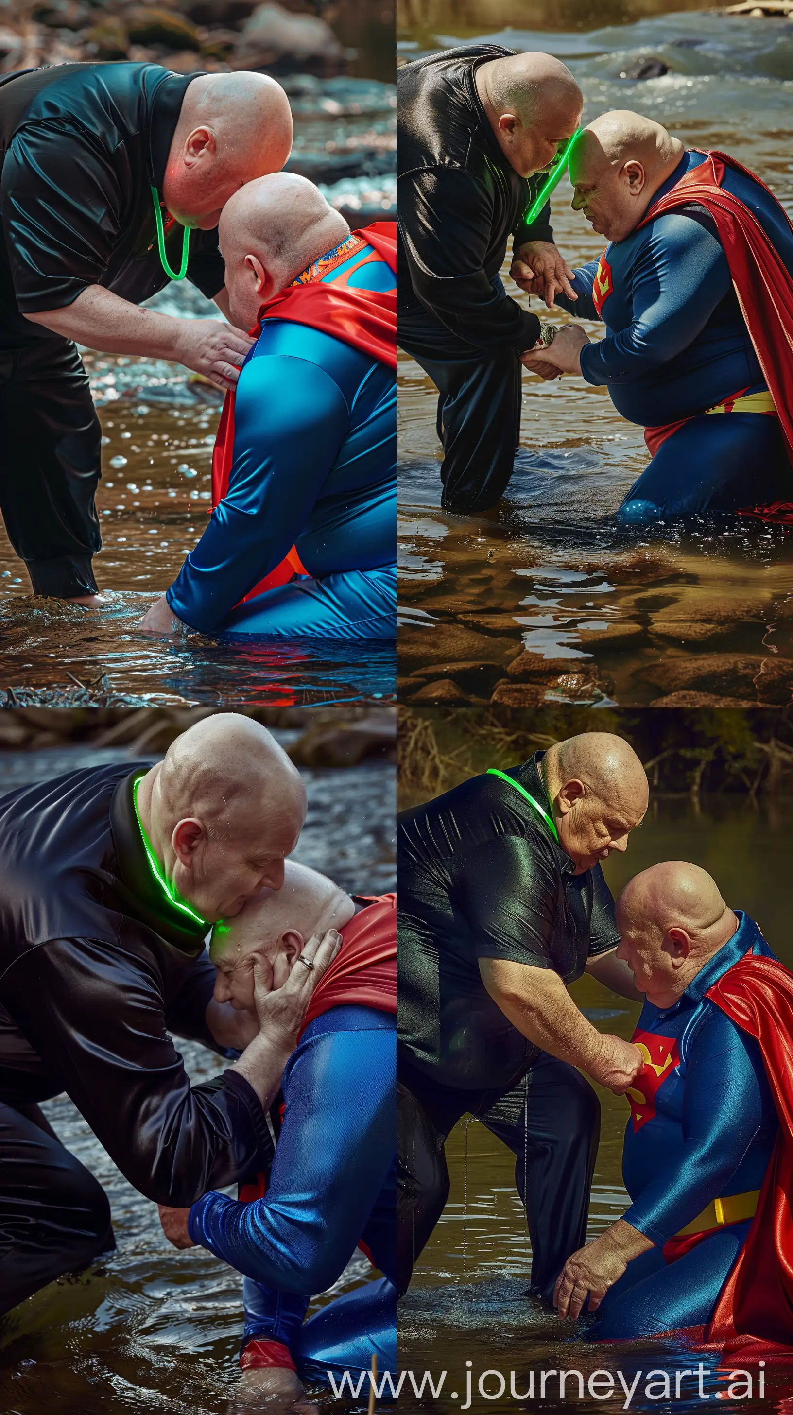 Close-up photo of two  fat men aged 60. The first man is wearing silk black tracksuit pants and a silk sport polo, bending and putting a tight green glowing neon dog collar on the nape of the second fat man aged 60 wearing a tight blue  superman jumpsuit with a red cape sitting in the water. River. Bald. Clean Shaven. Natural light. --ar 9:16
