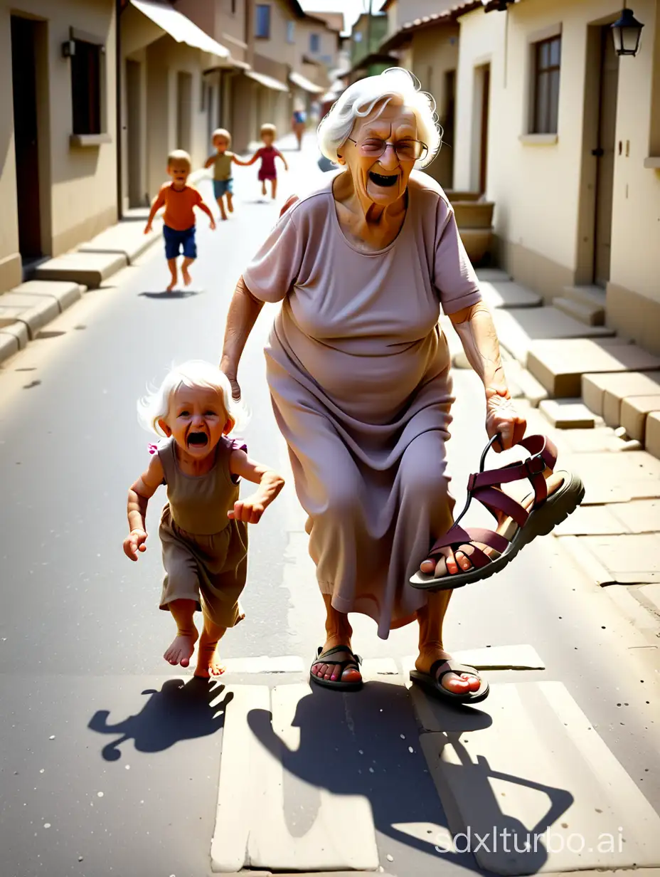 Viejita correteando a sus nietos con una sandalia en una calle