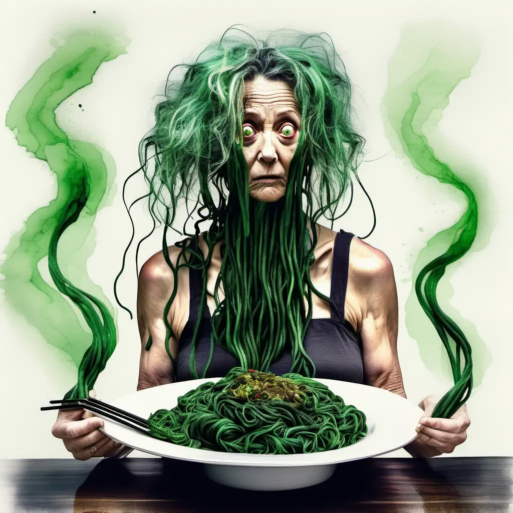 Realistic Abstract photo of a beautiful 50 year old woman trying to gain the courage and power to Eat Black noodle dumplings made of green hair and eyeballs in the style of abstract spaghetti watercolor by Zdzislaw Beksińsk