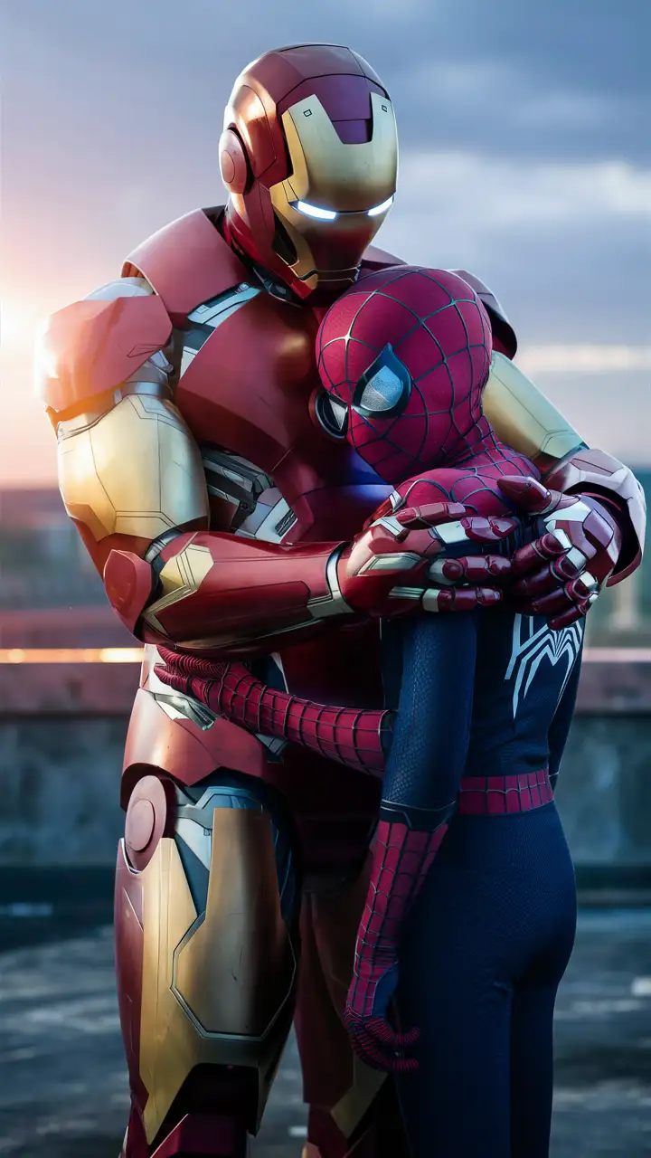 Adult Iron man talking to a sad Spiderman. Spiderman is a boy 