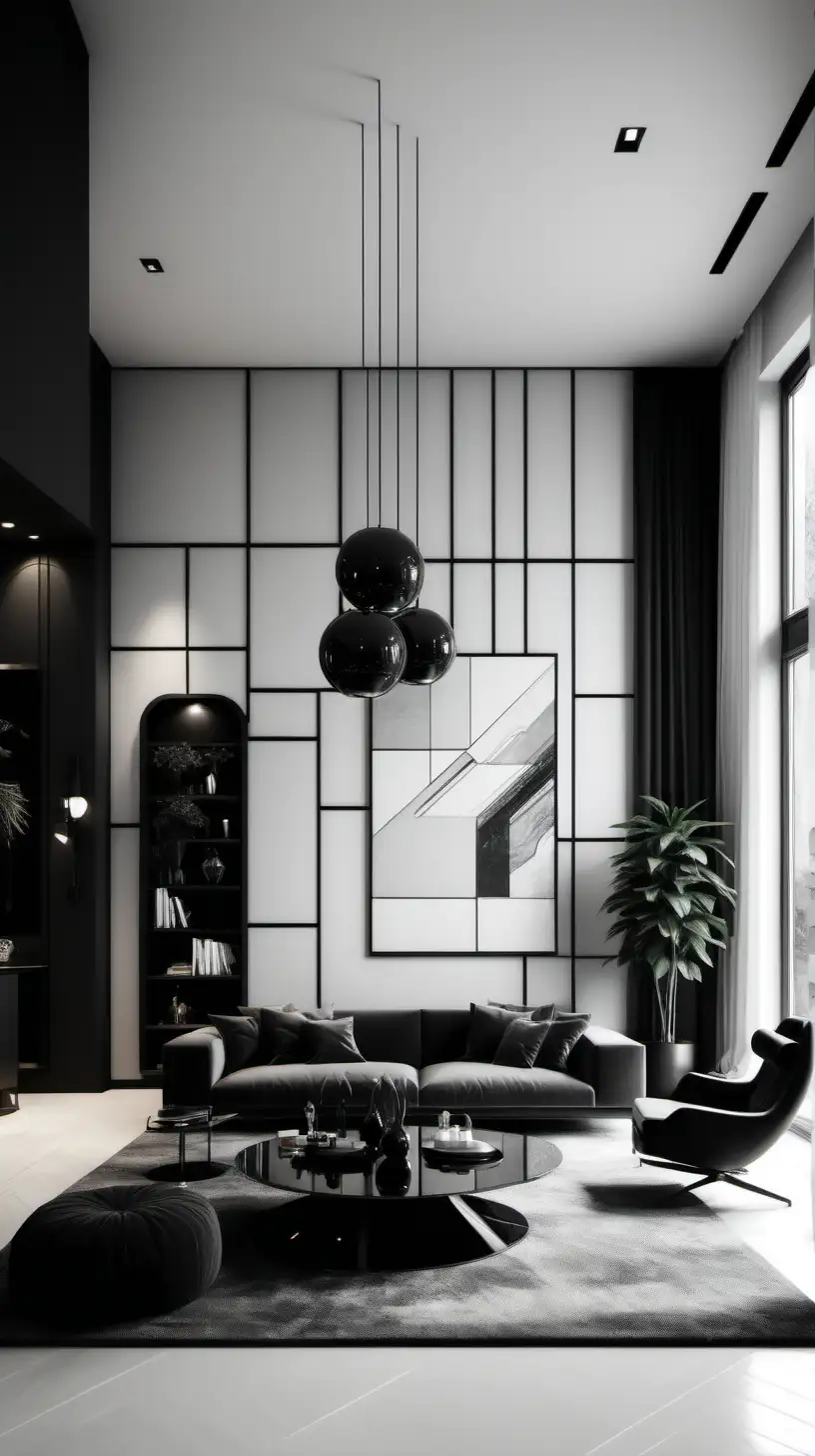 Contemporary Black and White Living Room with Spacious Design | MUSE AI