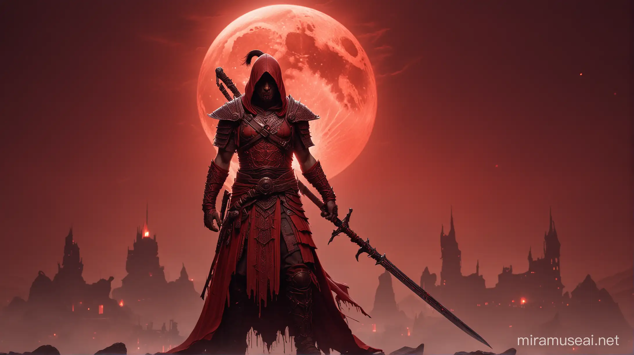 warrior in red intricate clothing, holding a blood dripping sword, looking at a blood moon, red back ground, track lighting, highly detailed 
