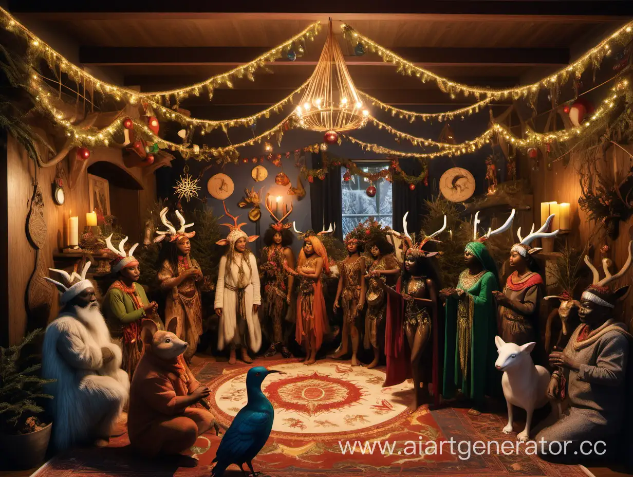 North European, South European, East European, West European, Central European, Middle Eastern, Central Asian, South Asian, Eastern Asian, North African and Black African elves and fairies celebrating Winter Solstice indoors in a festive, decorated hall with aniamals.