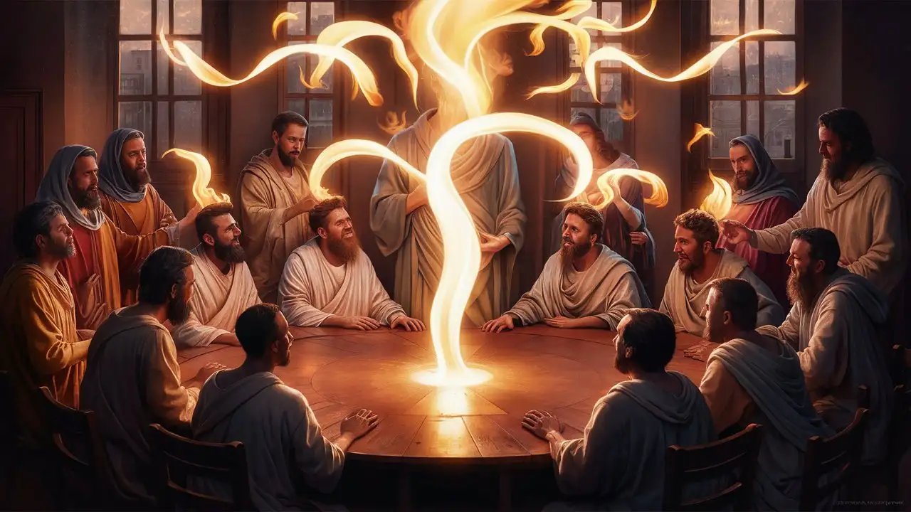 Generate an image showing the disciples gathered in the upper room, with tongues of fire descending upon them, symbolizing the outpouring of the Holy Spirit at Pentecost. The scene conveys a sense of empowerment and divine guidance as the disciples are filled with boldness and zeal to spread the gospel message. 8k hd super ultra