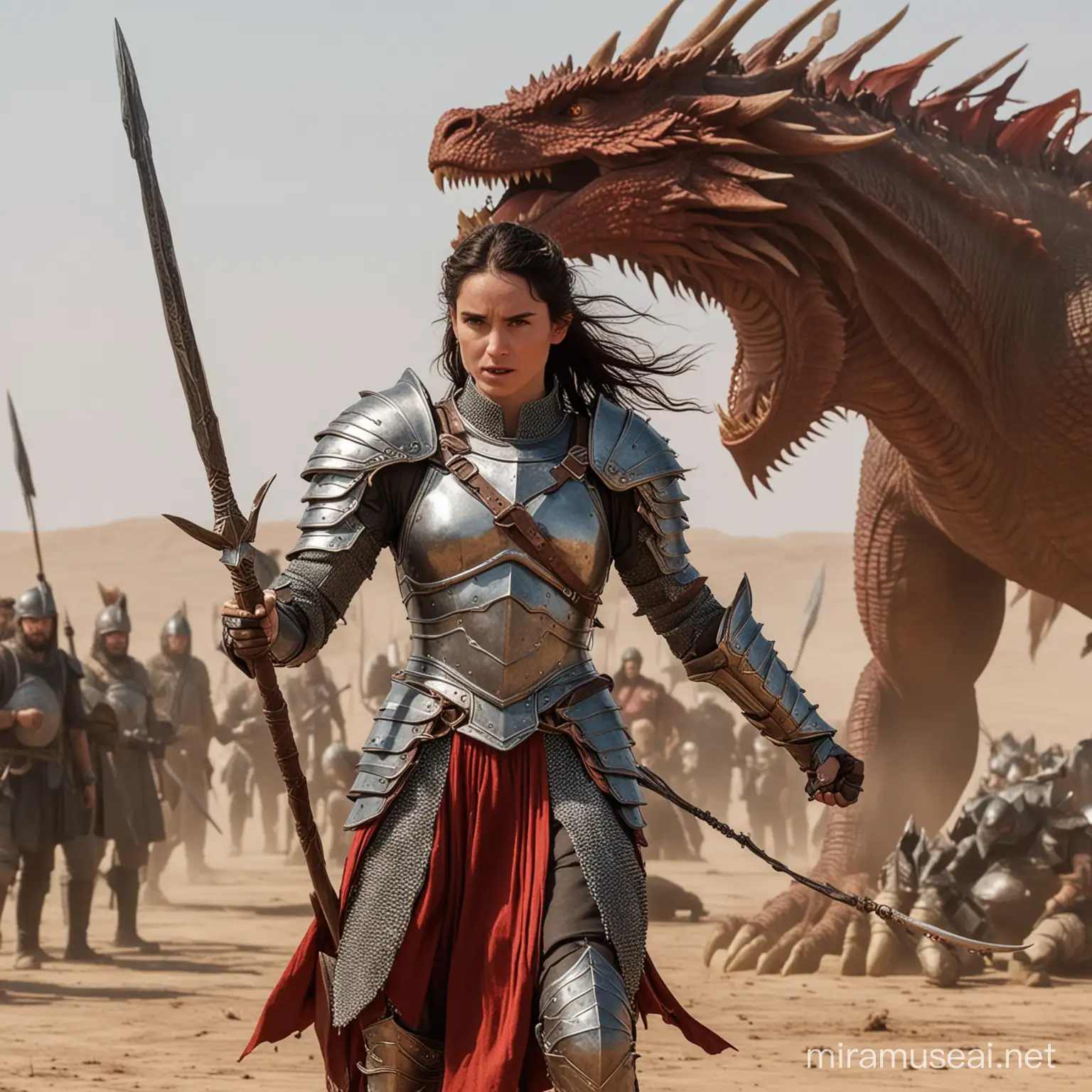 Young Jennifer Connely dressed in plate armor holding a long spear in one hand infront of a red dragon fighting in a battlefield with uruk-hai