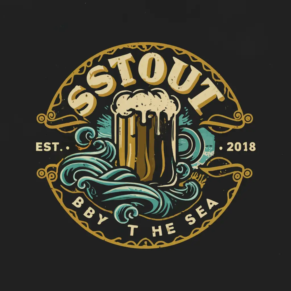 a logo design,with the text "Stout By the Sea", main symbol:Stout beer, Fish, and waves,complex,be used in Restaurant industry,clear background