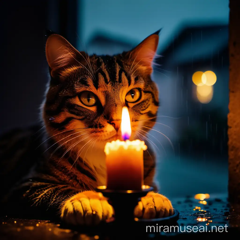 close photography of cat in candle light and raining outside