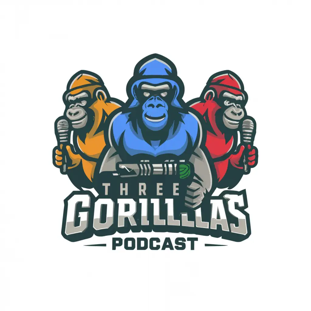 a logo design,with the text "Three Gorillas Podcast", main symbol:Three gorillas with microphones,complex,be used in Entertainment industry,clear background