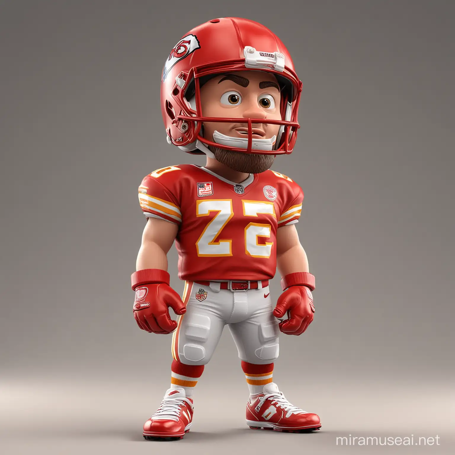 a cute 3d rendered nfl player looks like Travis Kelce, wearing american football helmet and kansas city chiefs kit, standing pose, cartoon style