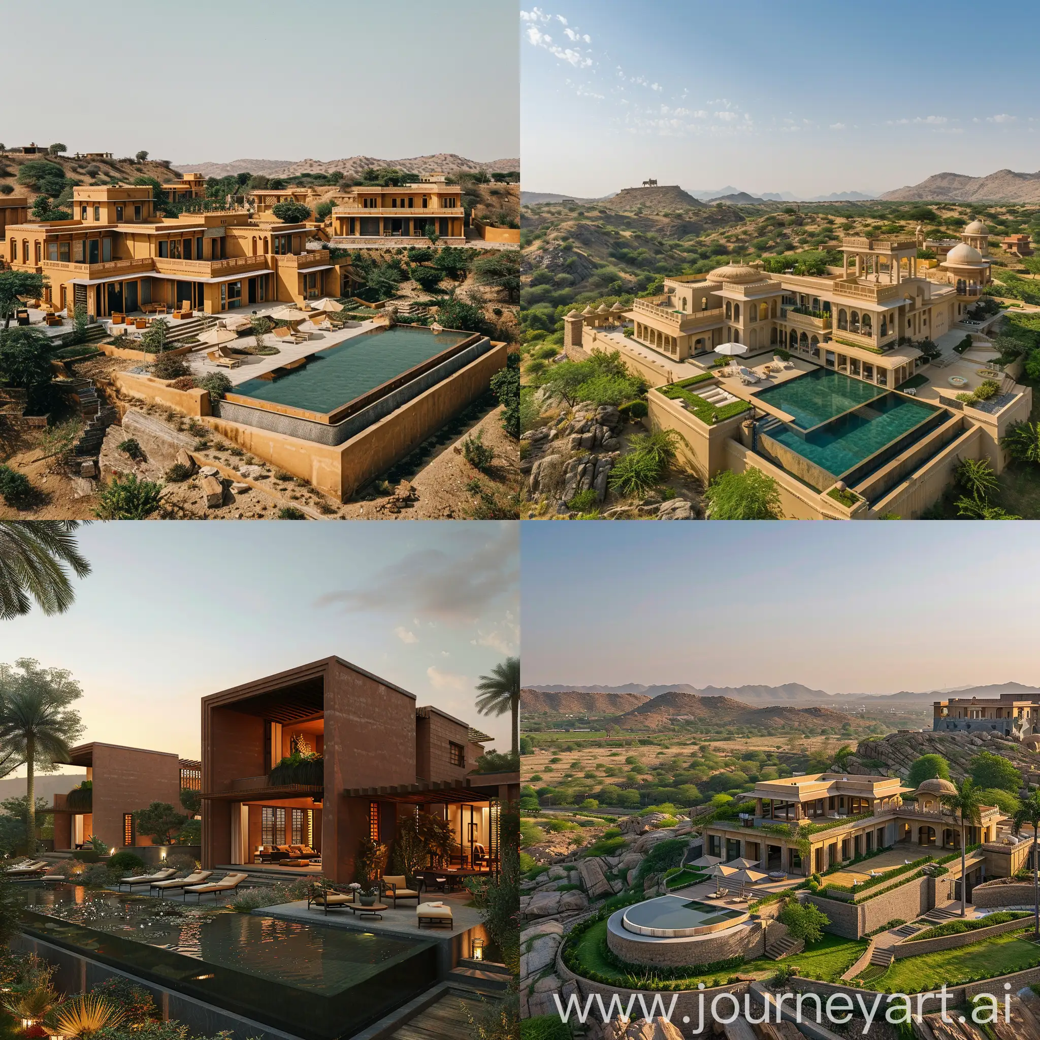 A luxurious resort nestled in the vibrant landscape of Rajasthan, boasting contemporary architecture that seamlessly blends with the natural surroundings.
