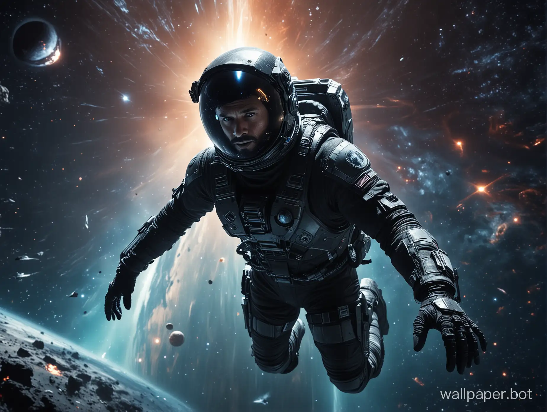 Dramatic scene from TV Show "The Expanse". Macro view of a man in futuristic space suit floating in space, reaching for the spaceship in the distance. In the background is a black hole. space is filled with stars.