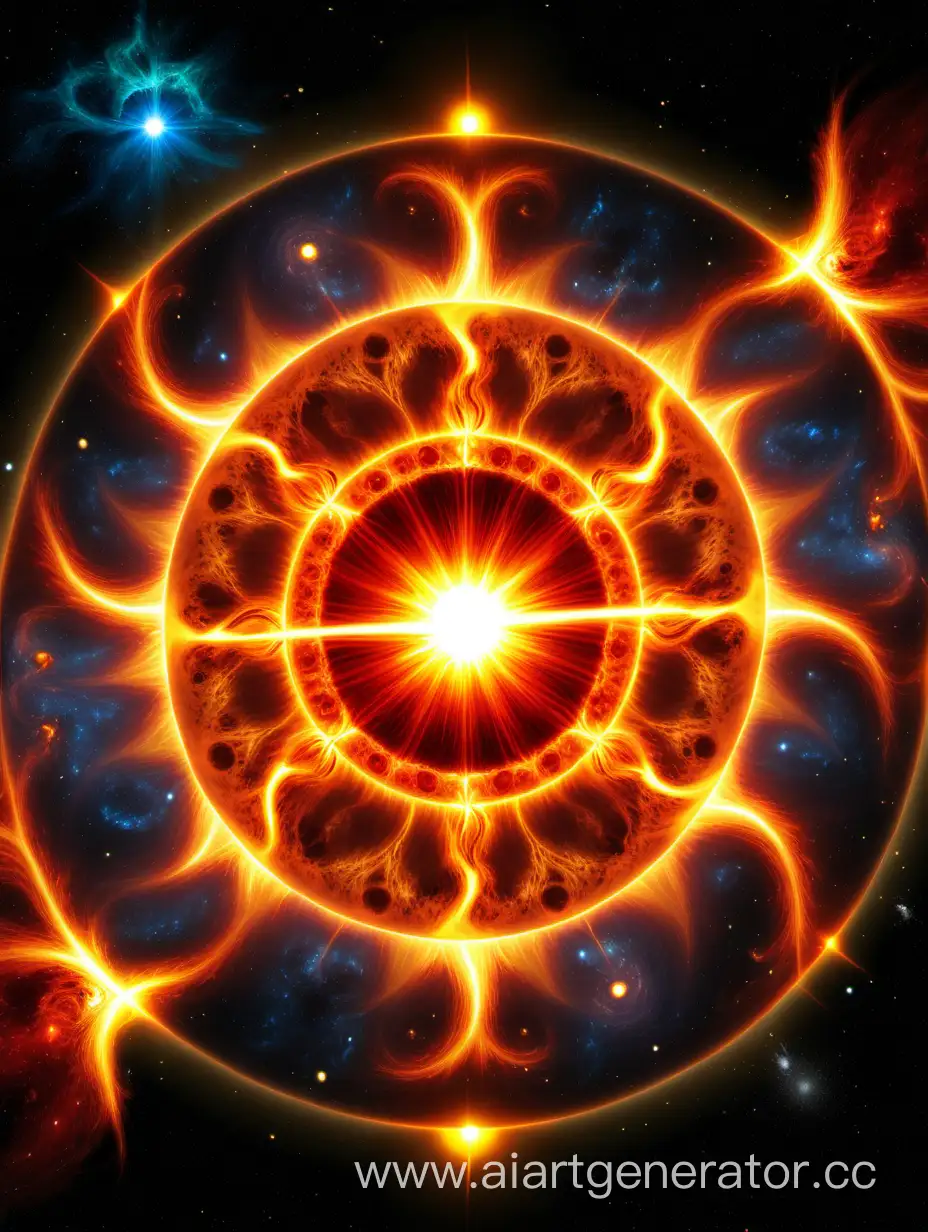 Взрыв солнца. Растаространяется по всей солнечной системе, яркий красочный и принимающий форму Сударшана Чакры. 