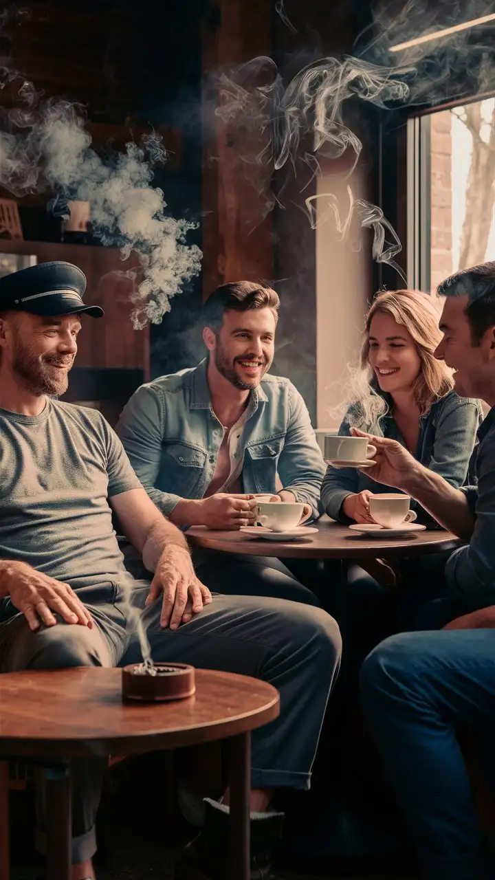a truck driver is taking a break in a coffee shop with 3 of his friends, wearing trousers, t-shirts, wearing hats, everyone is enjoying coffee, there is smoke in front of the coffee table and there is a smoking cigarette on the table, relaxing and unwinding.