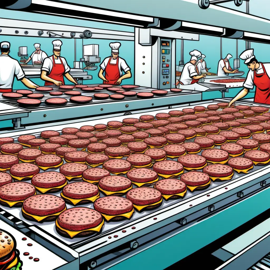 Comic style image of production line producing burger patties
