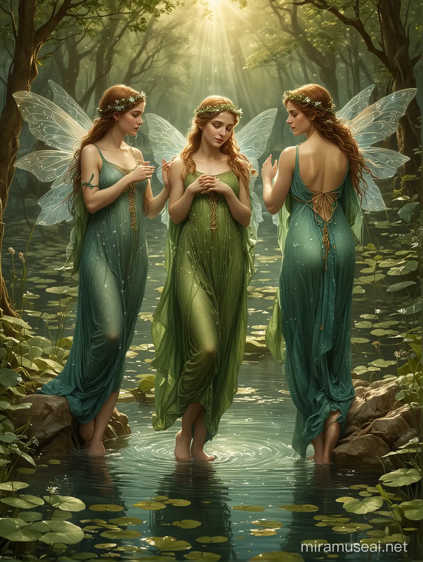 water fairies, The Benaszké or Naias as they are known in Greek mythology are a group of nymphs who are the caretakers of springs, wells, Celtic druidic tale illustration in a mystical and enchanting style