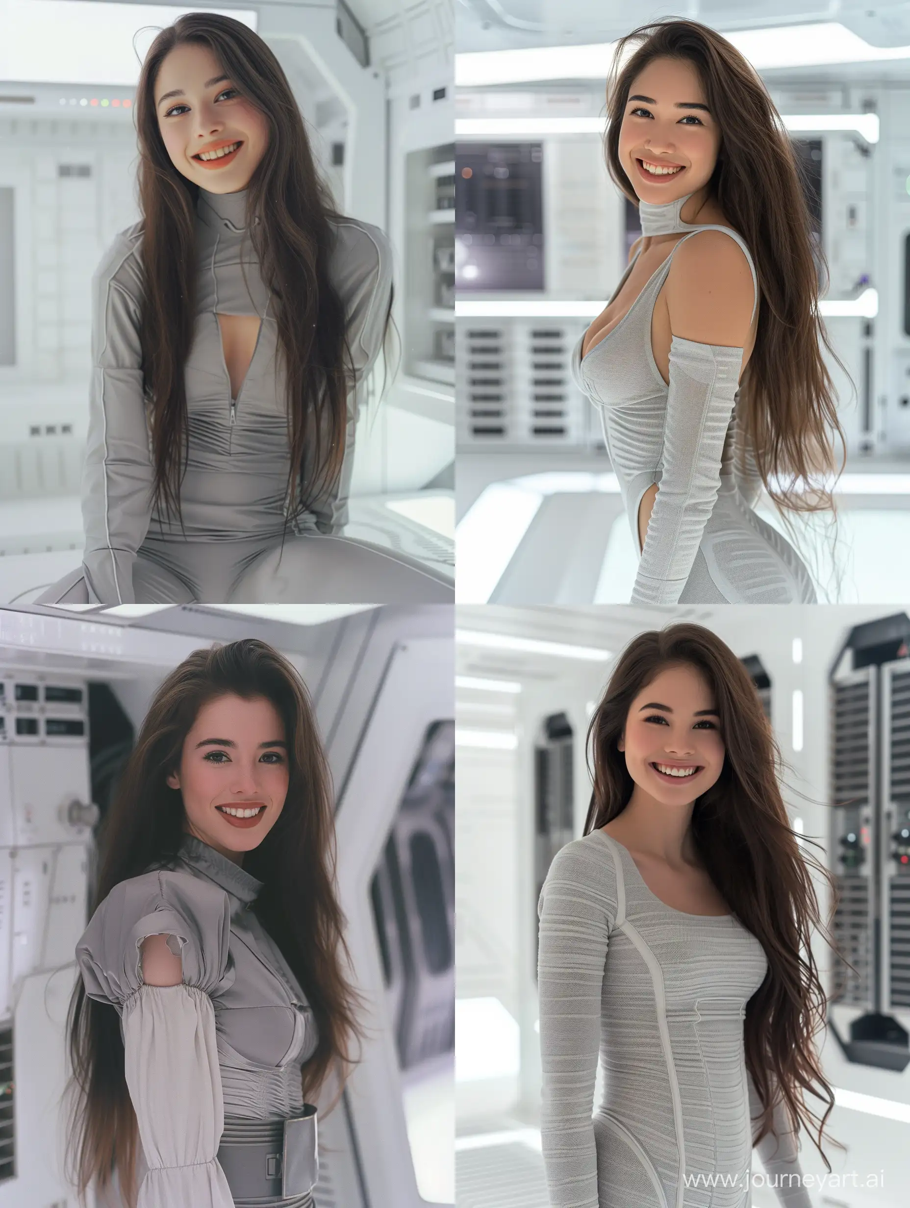 In the style of classic dull grainy comic color, Full body Photo Portrait of a gorgeous young woman with long brown hair and perfect smile and warm perfect skin, she dressed in gray white futuristic clothing, white background, inside the gpu cluster server high tech labs, roman emporer attire, in the style of unpretentious elegance, 1990s, blink-and-you-miss-it detail, dreamlike scenes, iconic, sci-fi city scene, space bathroom, katsuhiro otomo classic comics style, grain effects, film effects