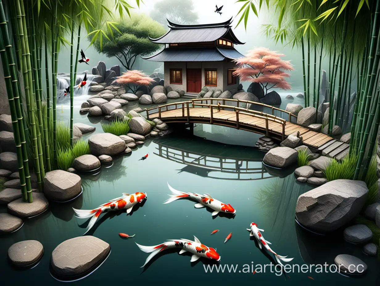 水里游的锦鲤 ，竹子，右边房子，左边小桥，飞翔的喜鹊，清澈的水，石头