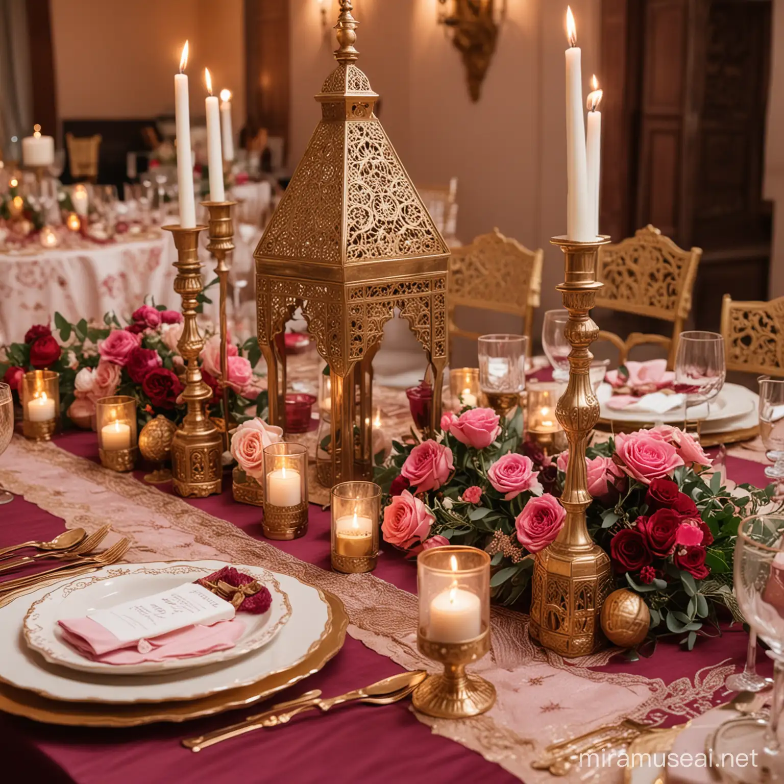 design a wedding reception  inspired by oriental design of marrakech morocco in muted shades of pink, deep burgundy with gold accents including candelabras, small moroccan lanterns and gold camel figurines