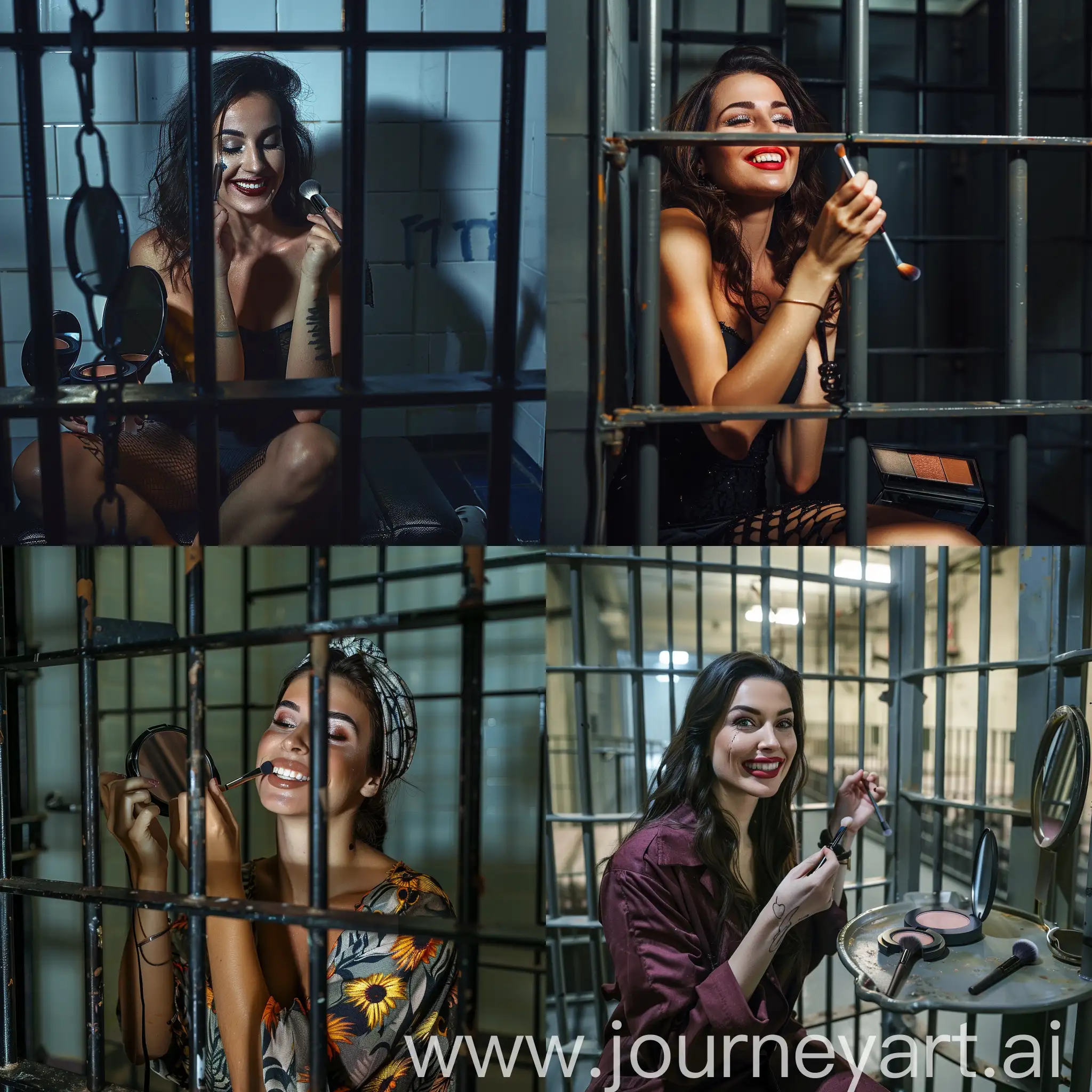 A beautiful woman is happily doing makeup in a prison cell.