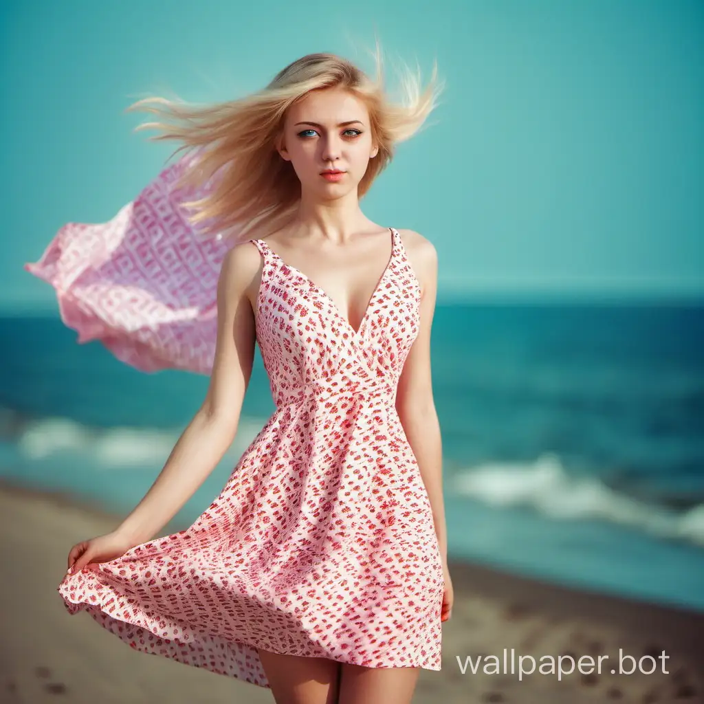 Girl, Russian, 25 years old, blonde, green eyes, full shot, in a short red and white dress with a pattern, straight hair blowing in the wind, pink tips of hair, girl against the background of an empty beach and blue sea, girl facing the light, large chest, girl posing, dress with a neckline, expression