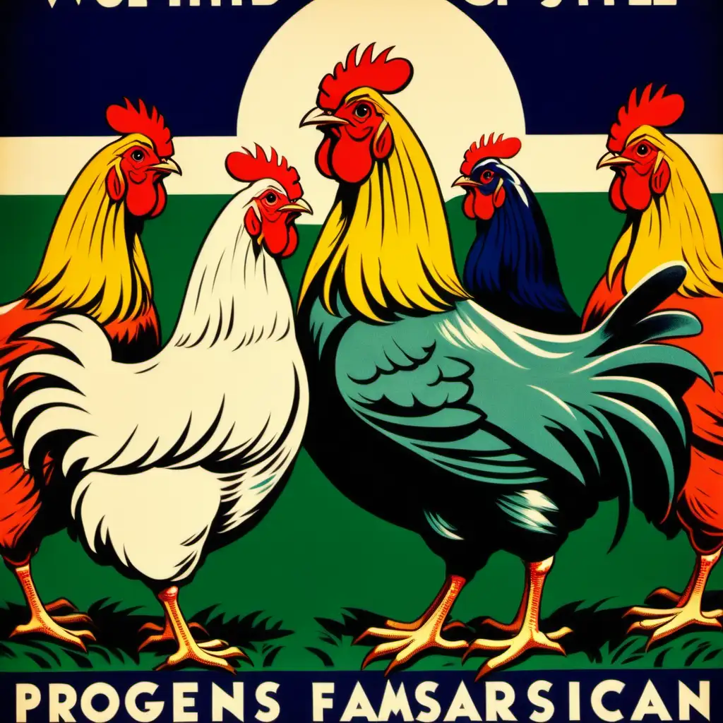 Use the style of the Works Progress Administration under FDR in the 1930s and 1940s, which includes bold colors, create poster with chickens