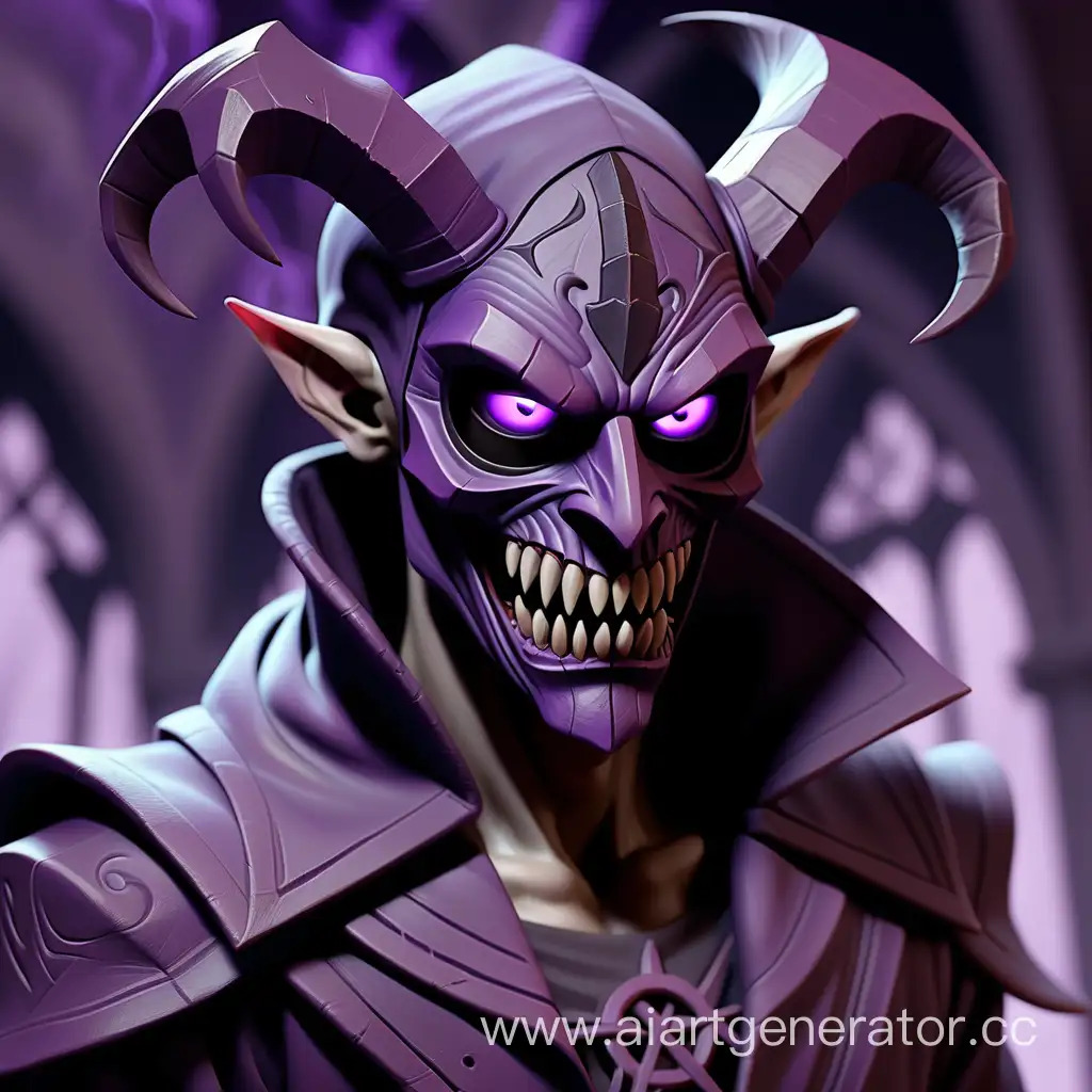 демоническое существо в облике человека в маске, использующее темную магию рун, фиолетового цвета