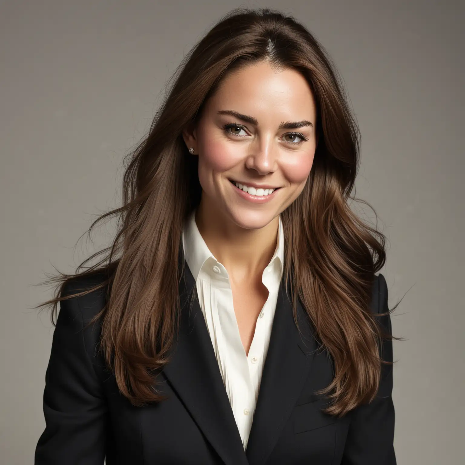 dans fond gris, ID photo, Kate Middleton, cheveux , frange scindée en deux, regard tendre et sourire rafraîchissant, veste de tailleur ouverte noir et Chemise manches longues en soie Femme Ivoire
