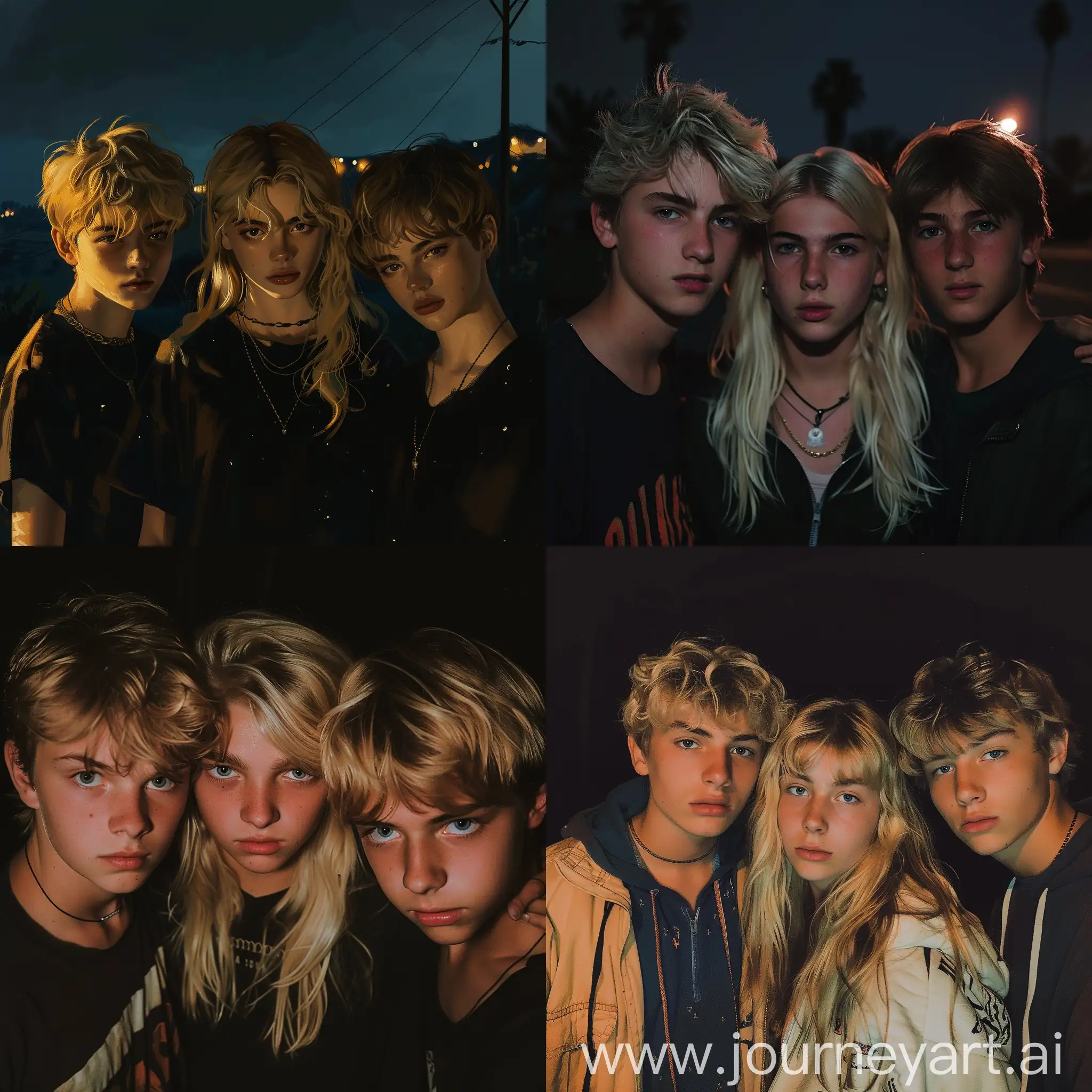 dark theme, teenagers, three teenagers, night, two boys and one girl, all of them are blonde