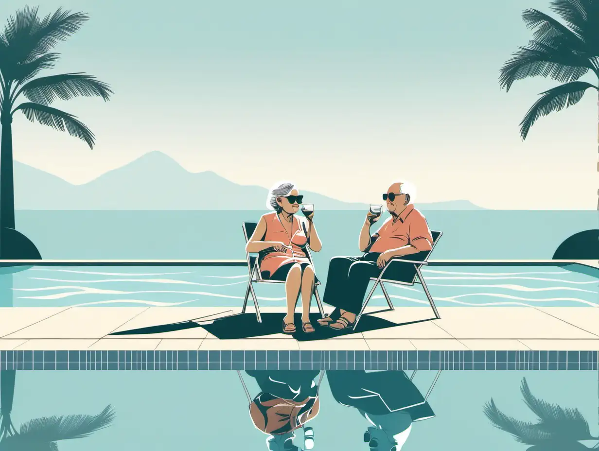 vector Illustration of sunglasses and a glass by a pool and an older couple sitting on the pool, very cool, muted color