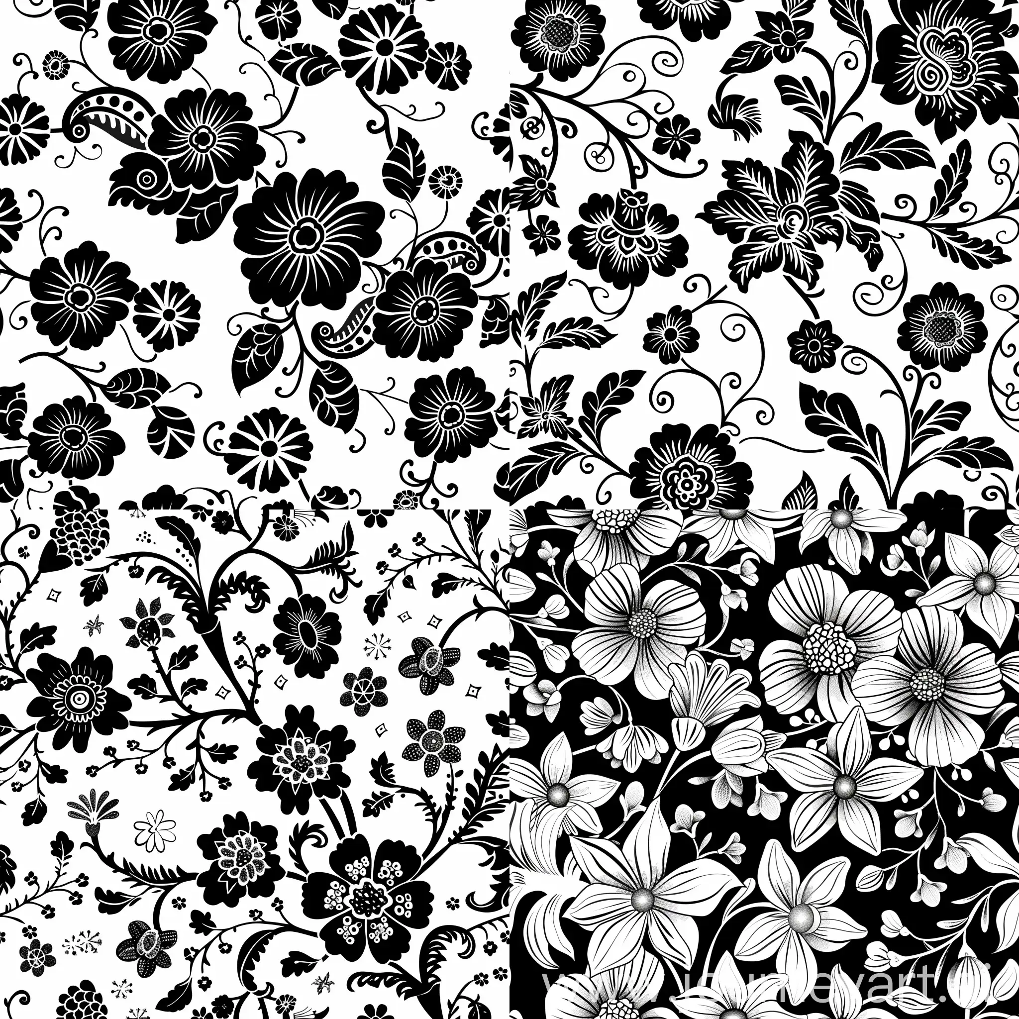 Batik flowers Black and white, vector, flat pattern --tile