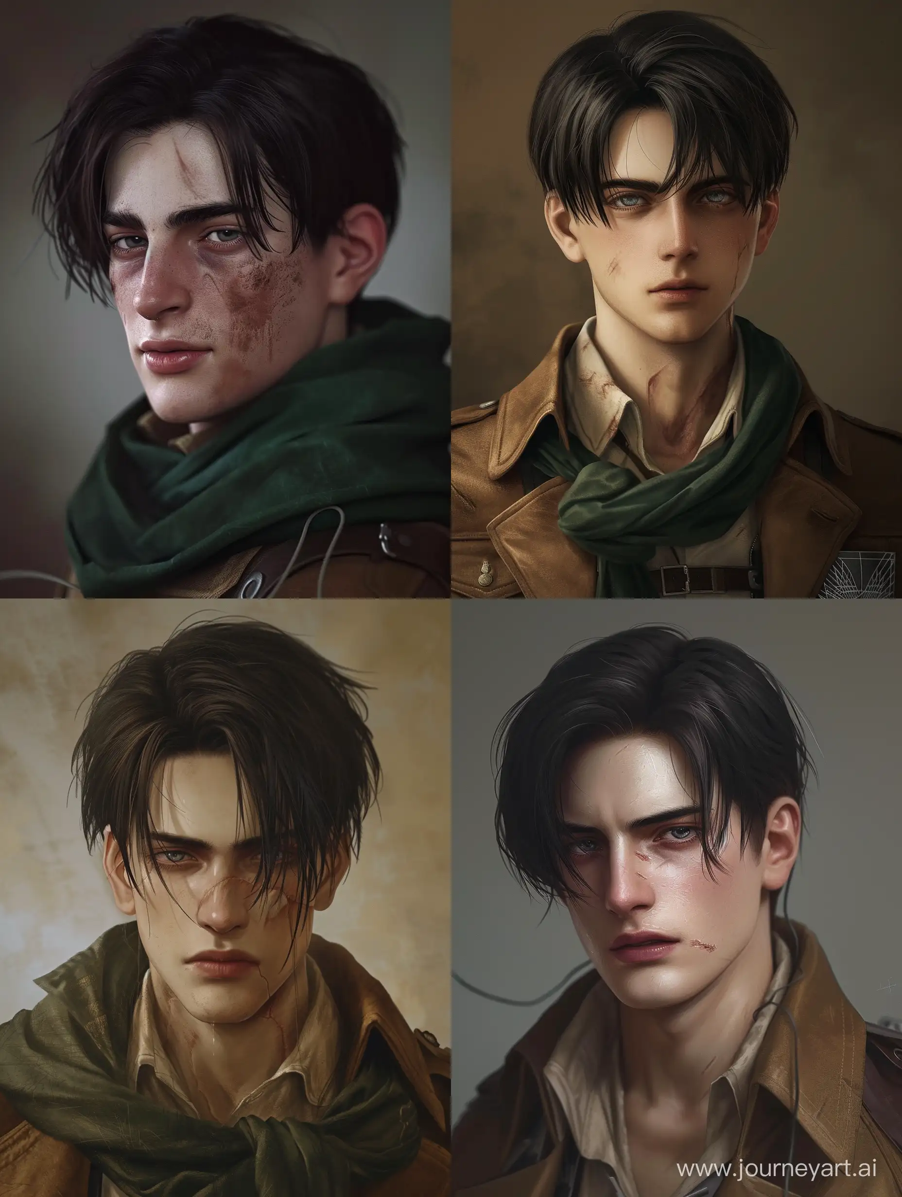 Realistic Levi Ackerman from Attack on Titan, in his 30s, with normal dark circles, slight mocking smirk