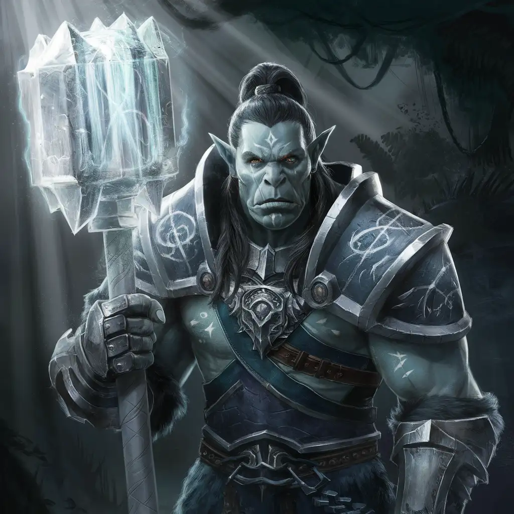 male orc paladin with celestial markings in half plate wielding a maul