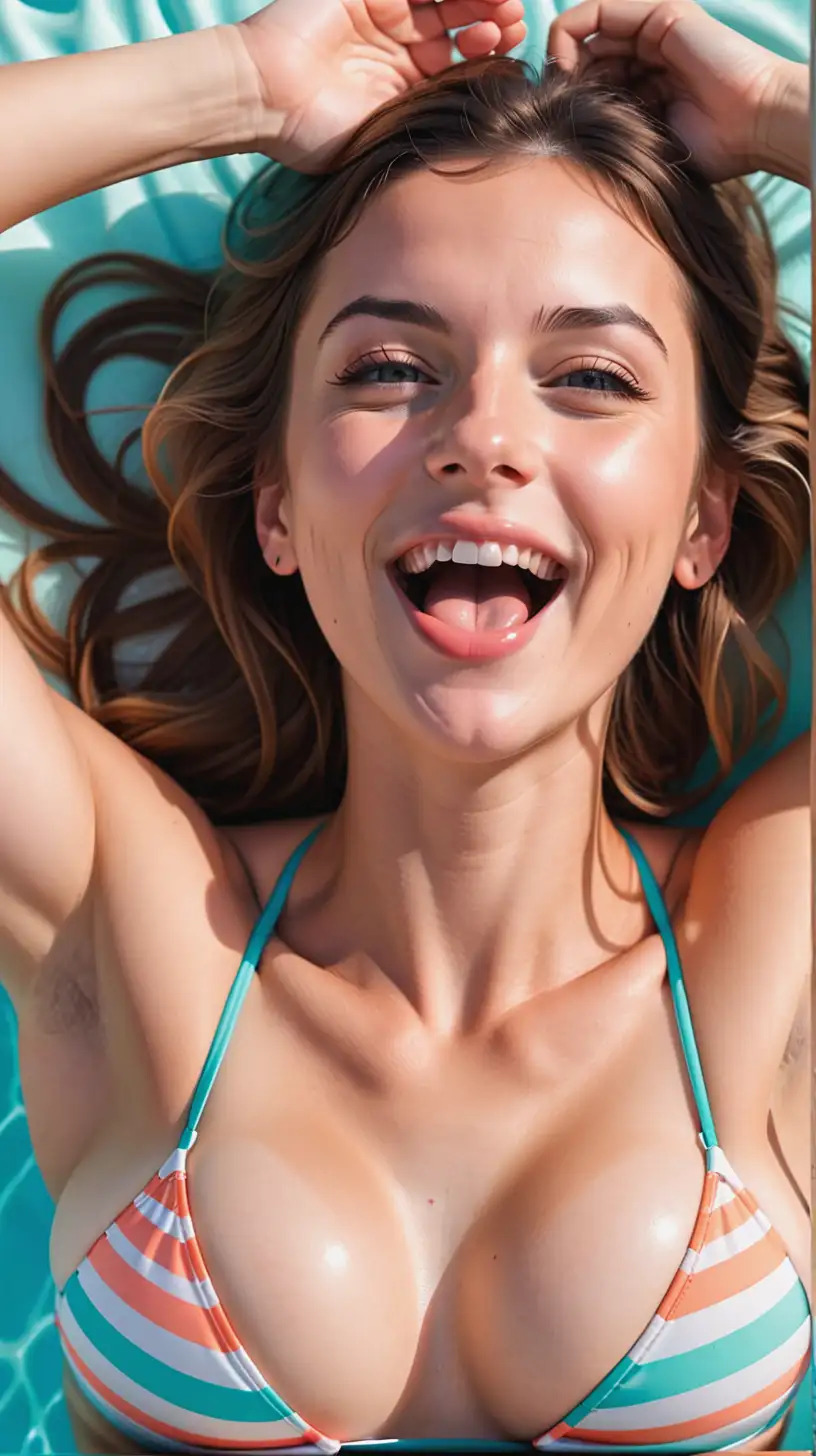 A pretty and athletic 30 year old French woman lying down from above. She is sticking her tongue out with open mouth smiling. Wearing a modern bikini. DD breasts.